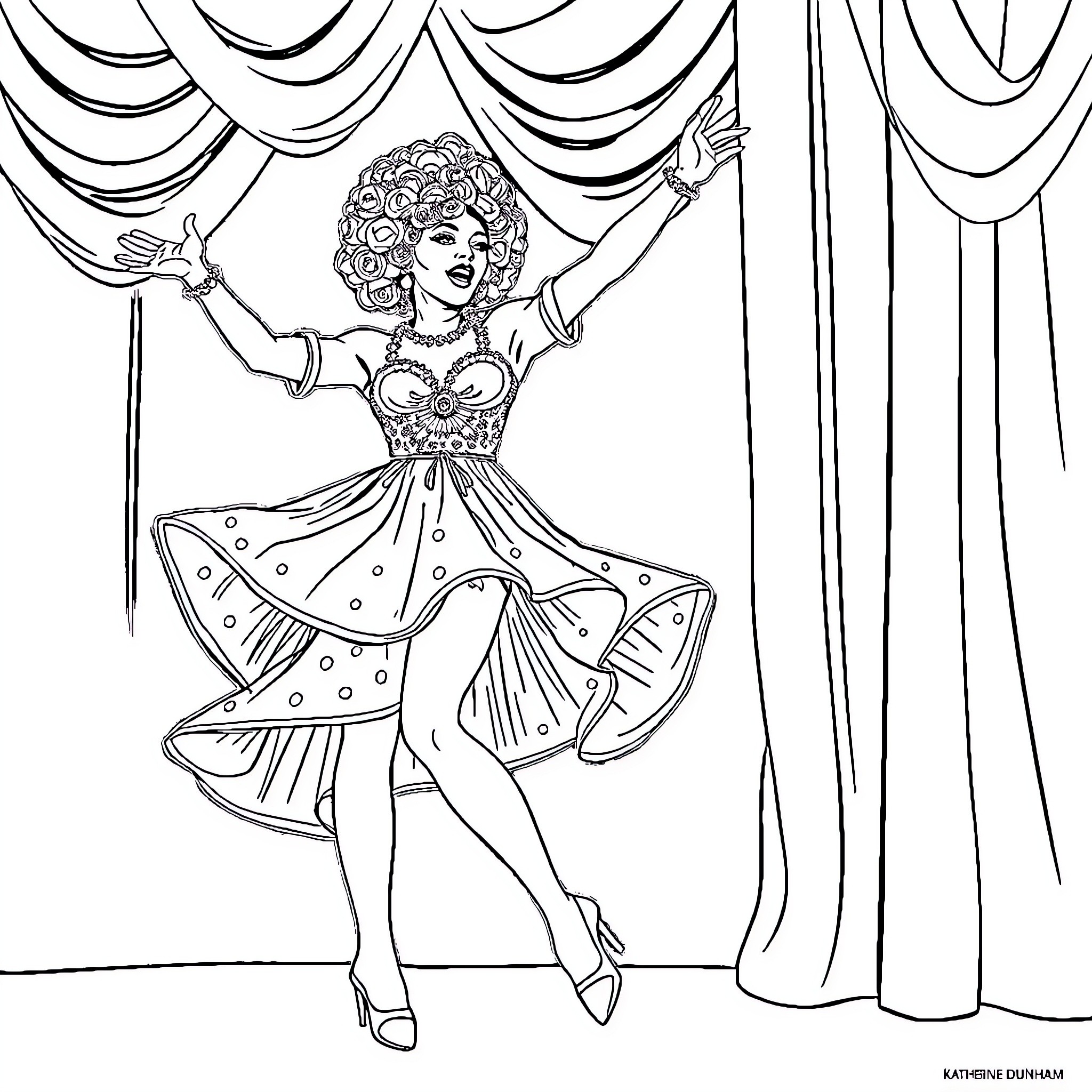 Katherine Dunham's Expressive Dance Performance Coloring Page (free black-and-white line drawing printable PDF for all, from beginners to advanced learners, including children, teens, adults, and seniors)