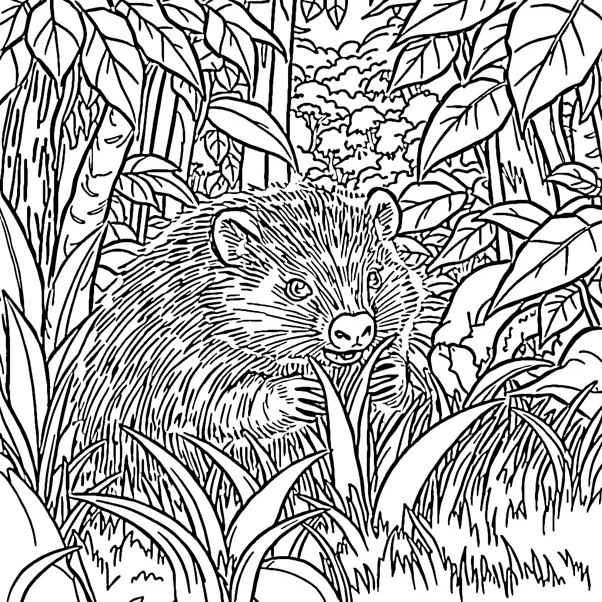 Wombat exploring the lush forest foliage Coloring Page (free black-and-white line drawing printable PDF for all, from beginners to advanced learners, including children, teens, adults, and seniors)