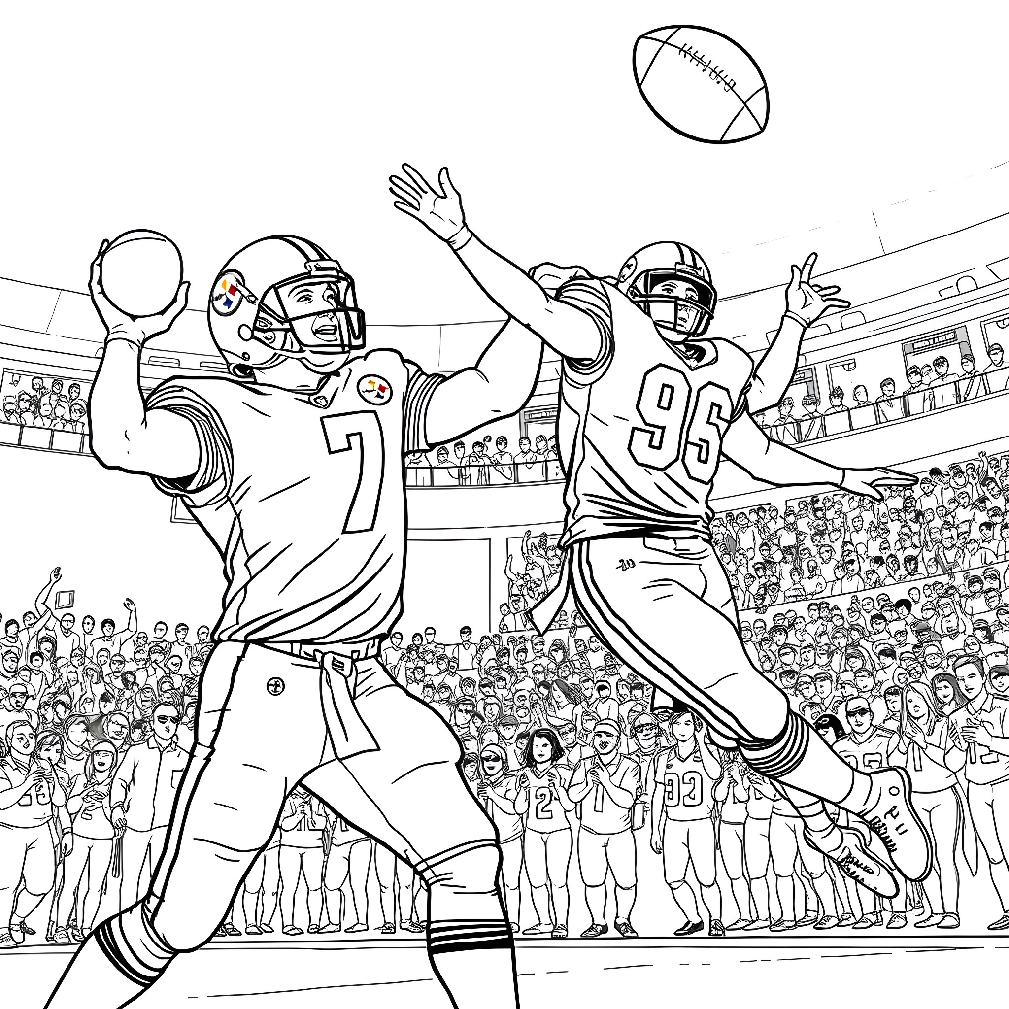 Ben Roethlisberger and teammate playing football in a stadium Coloring Page (free black-and-white line drawing printable PDF for all, from beginners to advanced learners, including children, teens, adults, and seniors)