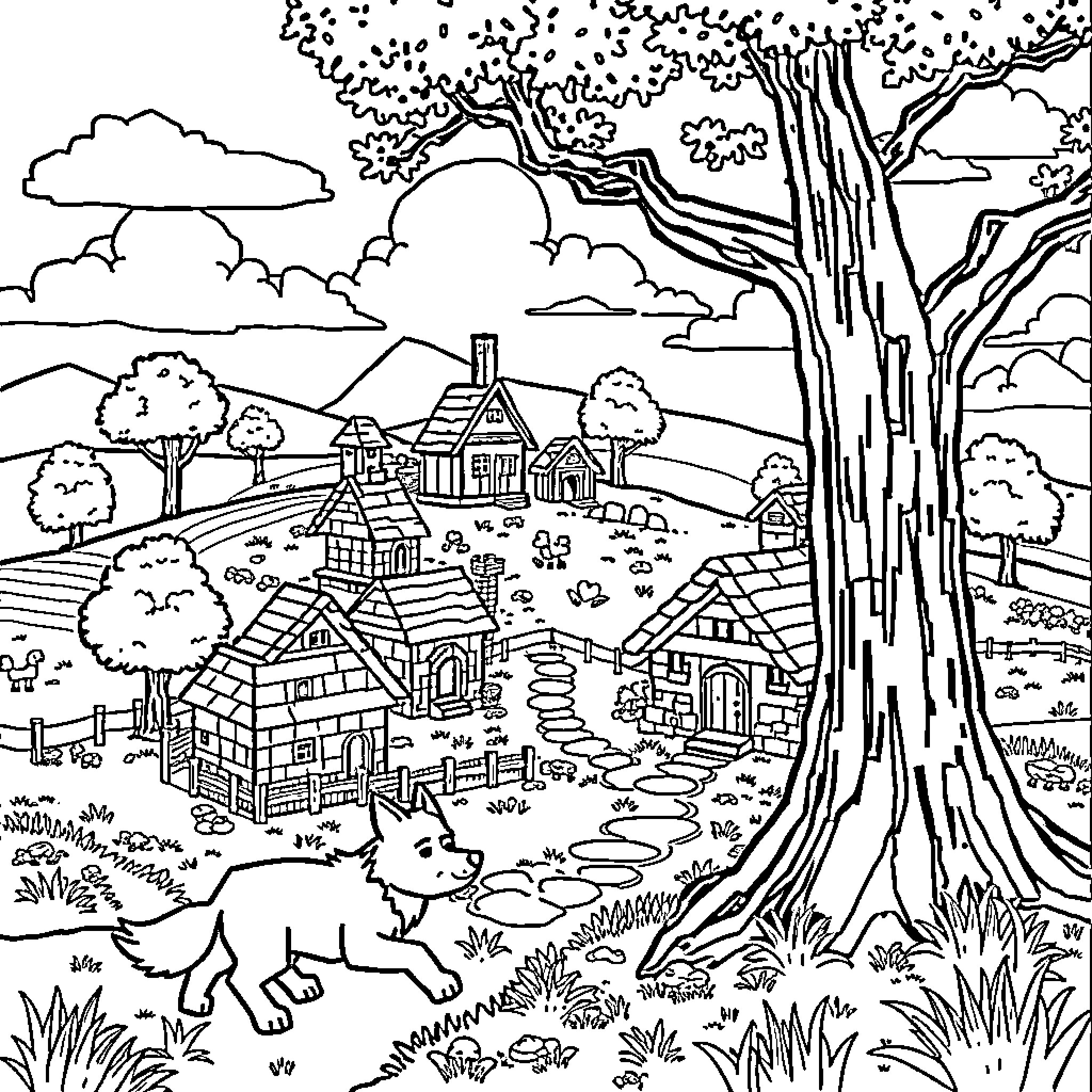 Wolf Exploring Rustic Countryside Landscape Coloring Page (free black-and-white line drawing printable PDF for all, from beginners to advanced learners, including children, teens, adults, and seniors)