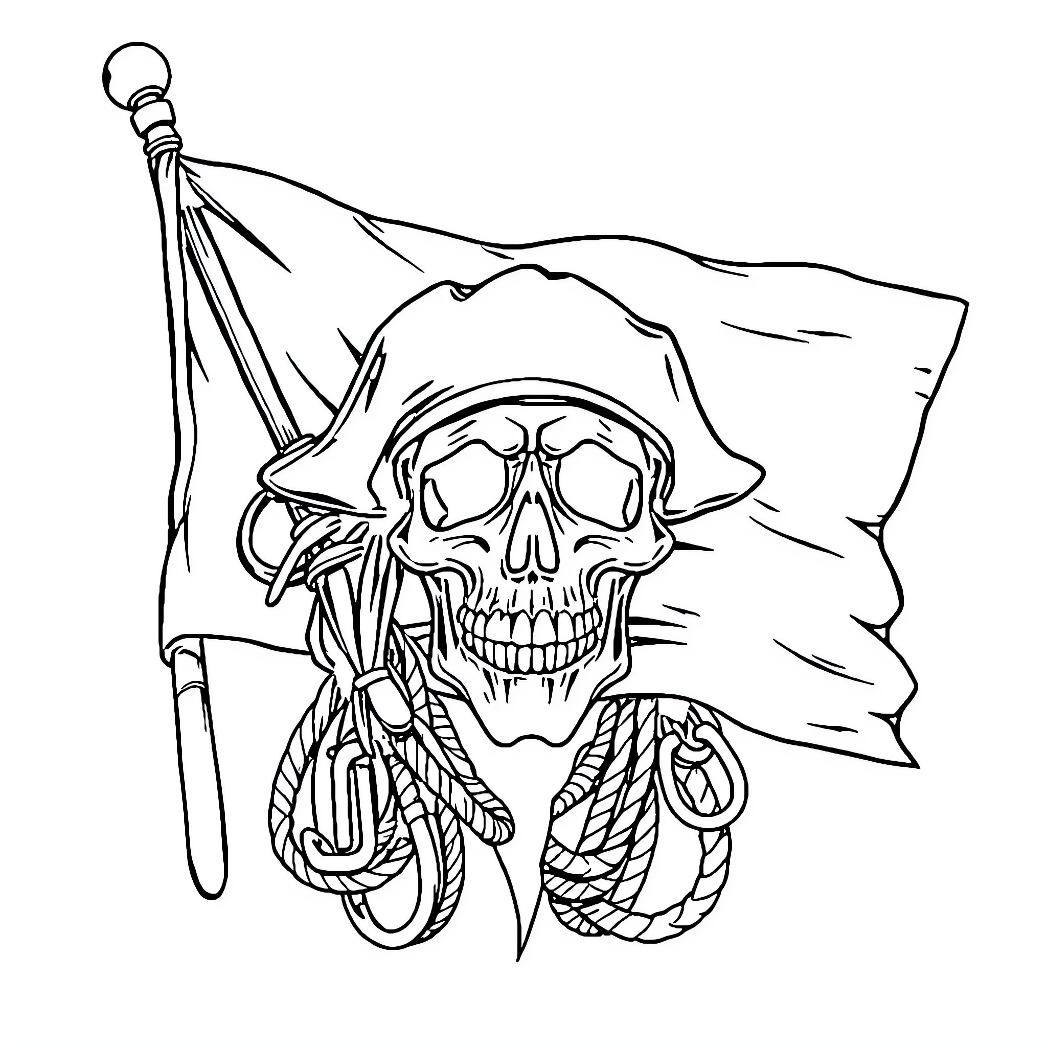 Skull pirate flag waving in the wind Coloring Page (free black-and-white line drawing printable PDF for all, from beginners to advanced learners, including children, teens, adults, and seniors)