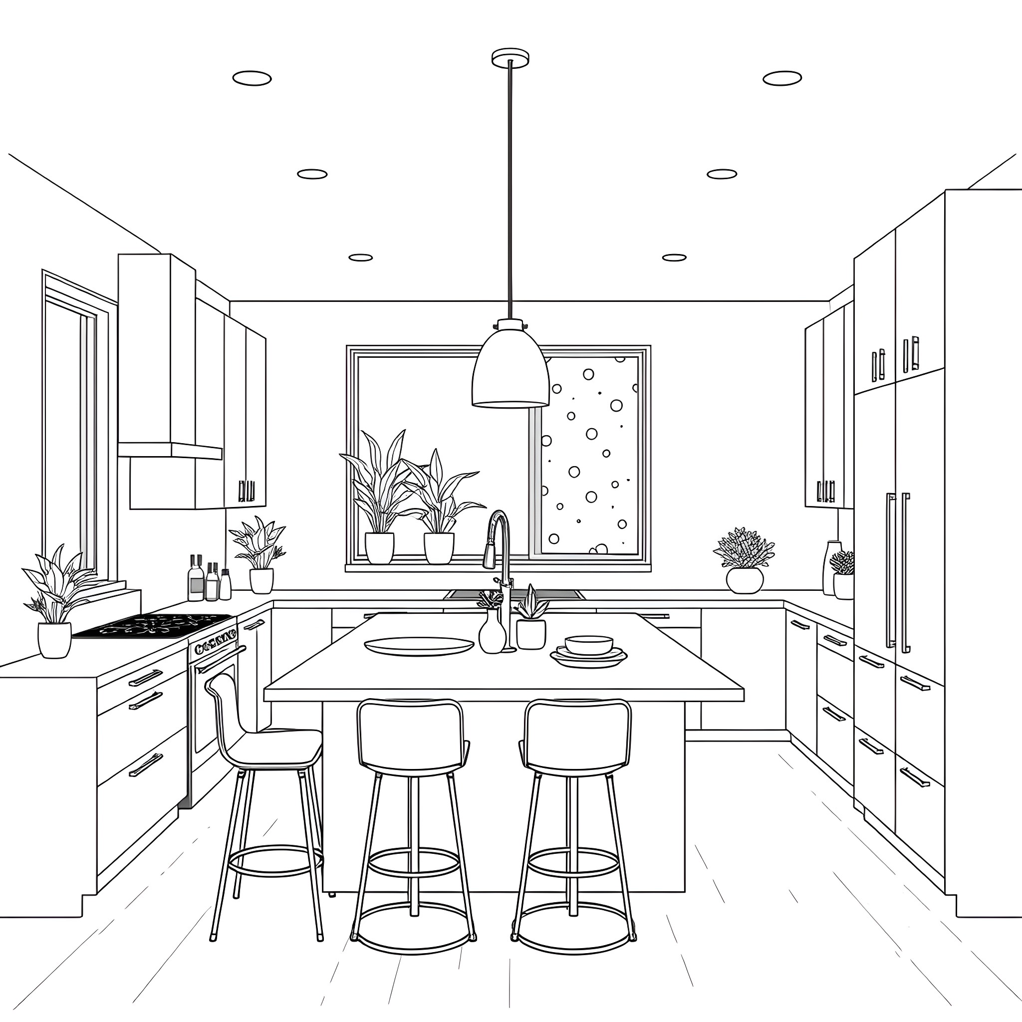 Kitchen with modern appliances and decor Coloring Page (free black-and-white line drawing printable PDF for all, from beginners to advanced learners, including children, teens, adults, and seniors)