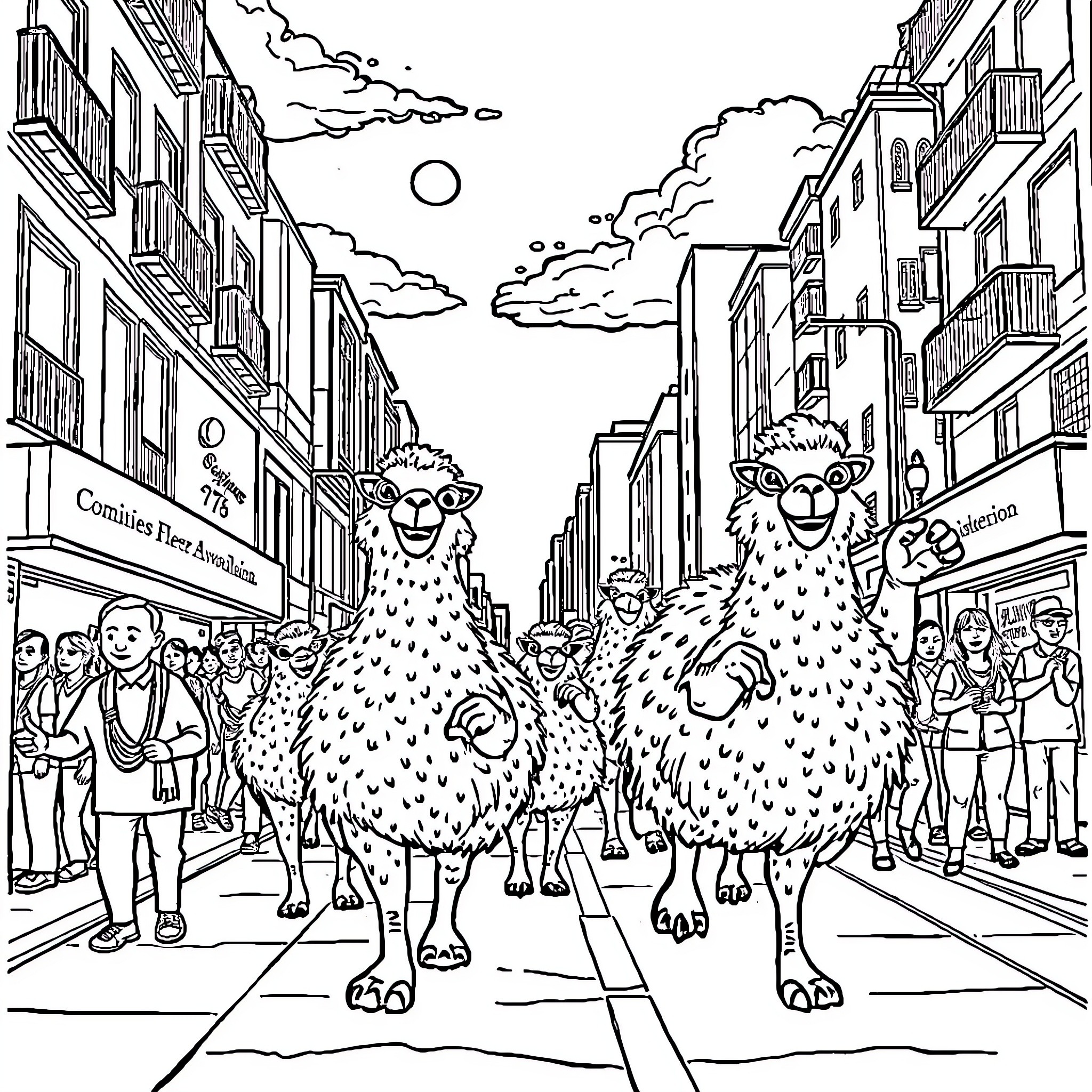 Bears Parading Through a Lively City Street Coloring Page (free black-and-white line drawing printable PDF for all, from beginners to advanced learners, including children, teens, adults, and seniors)