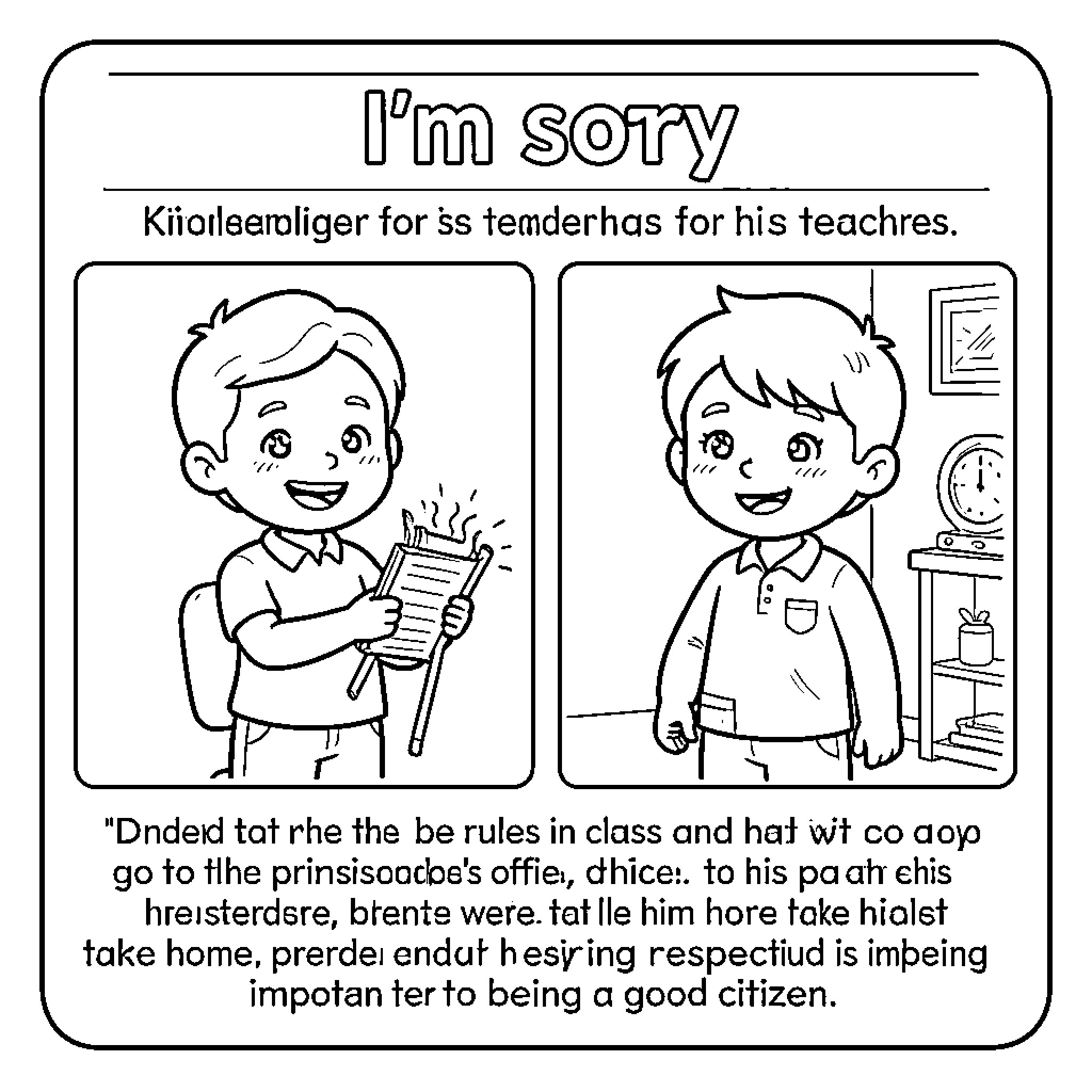 Apology from a student to his teacher Coloring Page (free black-and-white line drawing printable PDF for all, from beginners to advanced learners, including children, teens, adults, and seniors)