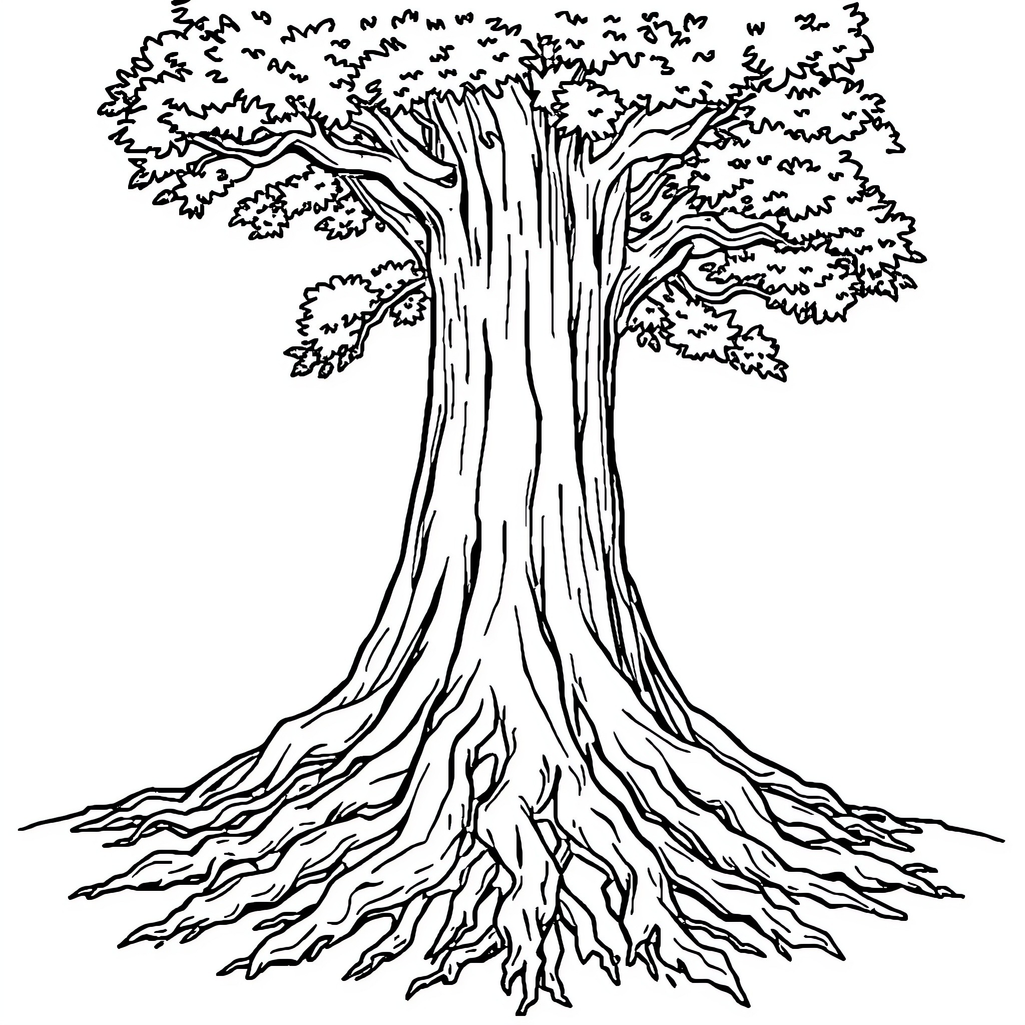 Tree with Intricate Roots and Branches Coloring Page (free black-and-white line drawing printable PDF for all, from beginners to advanced learners, including children, teens, adults, and seniors)