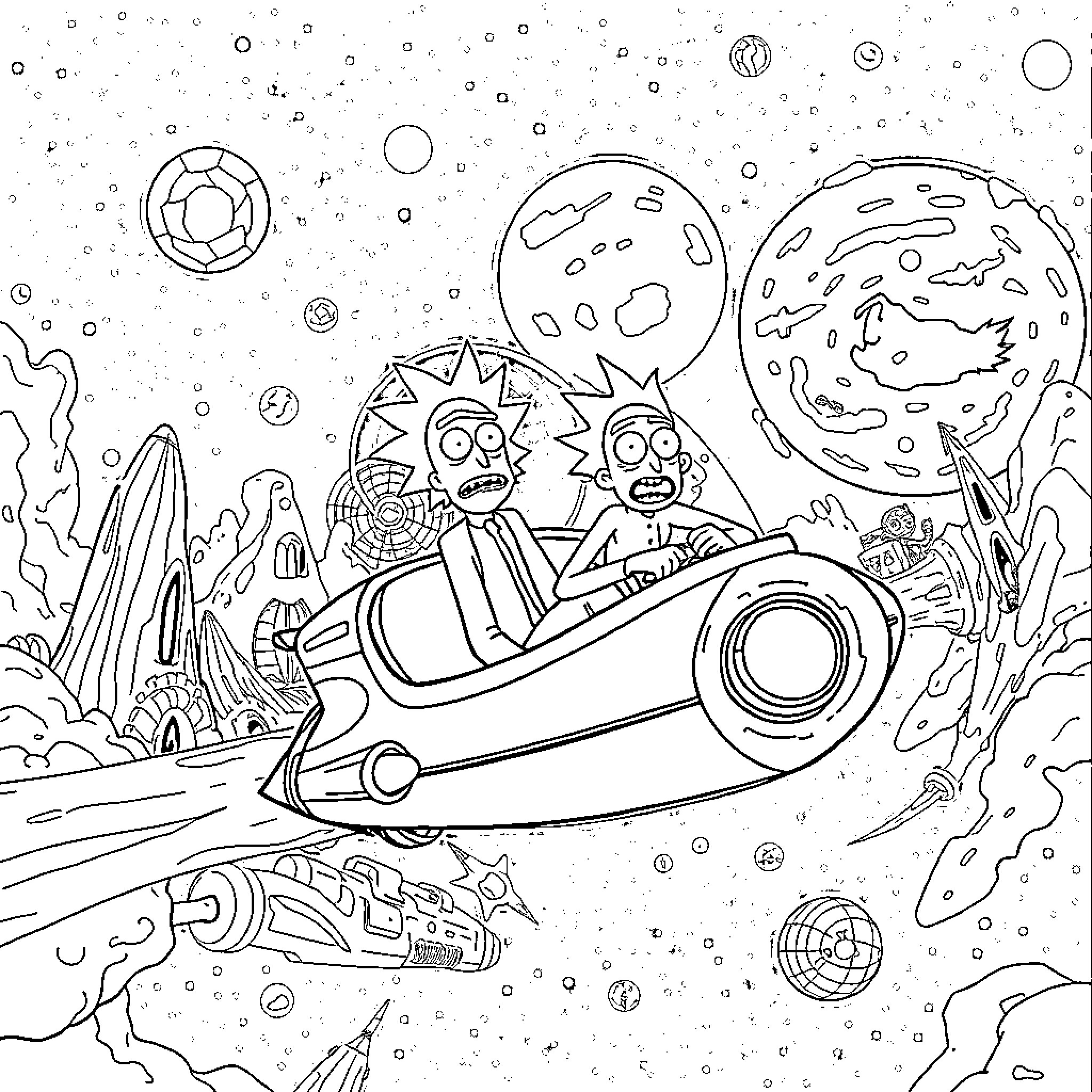 Rick And Morty's Cosmic Misadventures Coloring Page (free black-and-white line drawing printable PDF for all, from beginners to advanced learners, including children, teens, adults, and seniors)