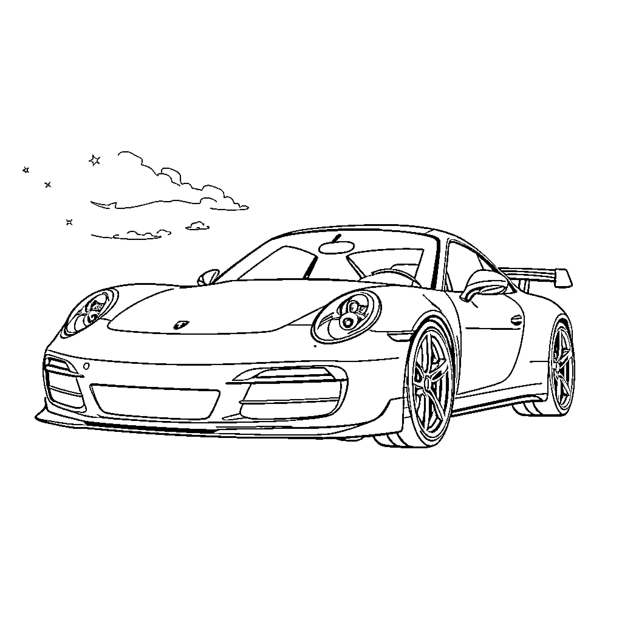 Porsche sports car in the evening landscape Coloring Page (free black-and-white line drawing printable PDF for all, from beginners to advanced learners, including children, teens, adults, and seniors)