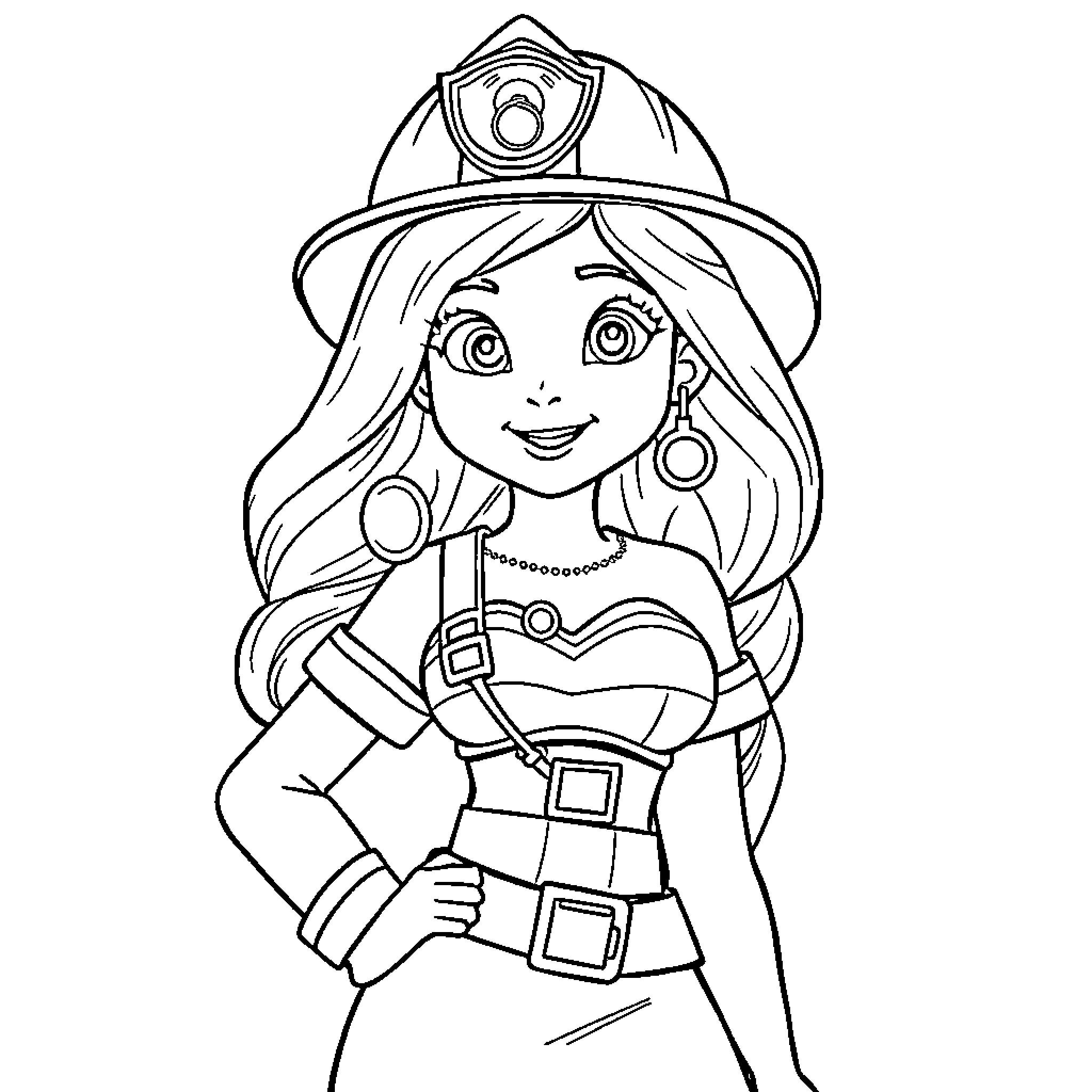 Vaiana as a Confident Firefighter Coloring Page (free black-and-white line drawing printable PDF for all, from beginners to advanced learners, including children, teens, adults, and seniors)
