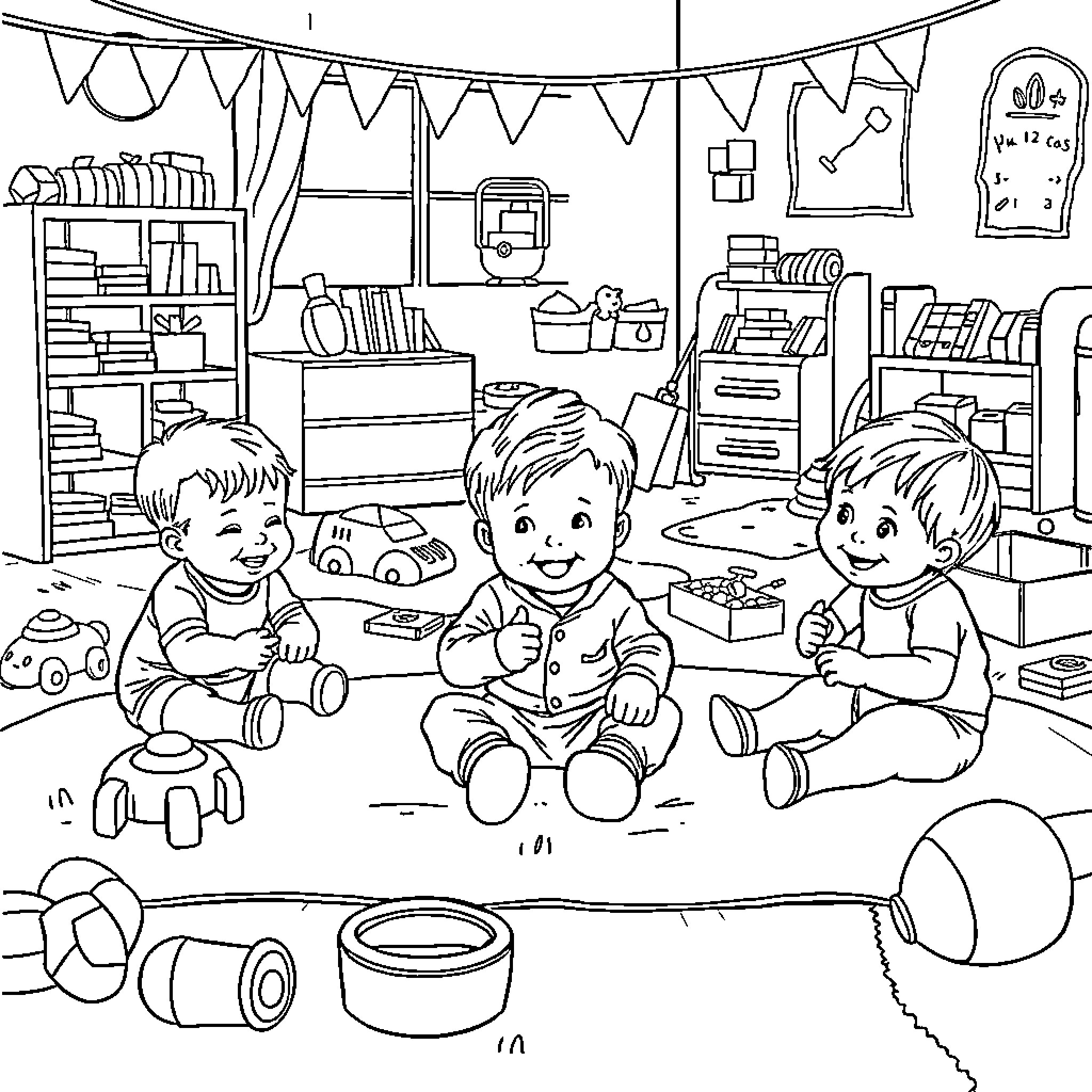 Toddlers playing joyfully in a playroom Coloring Page (free black-and-white line drawing printable PDF for all, from beginners to advanced learners, including children, teens, adults, and seniors)