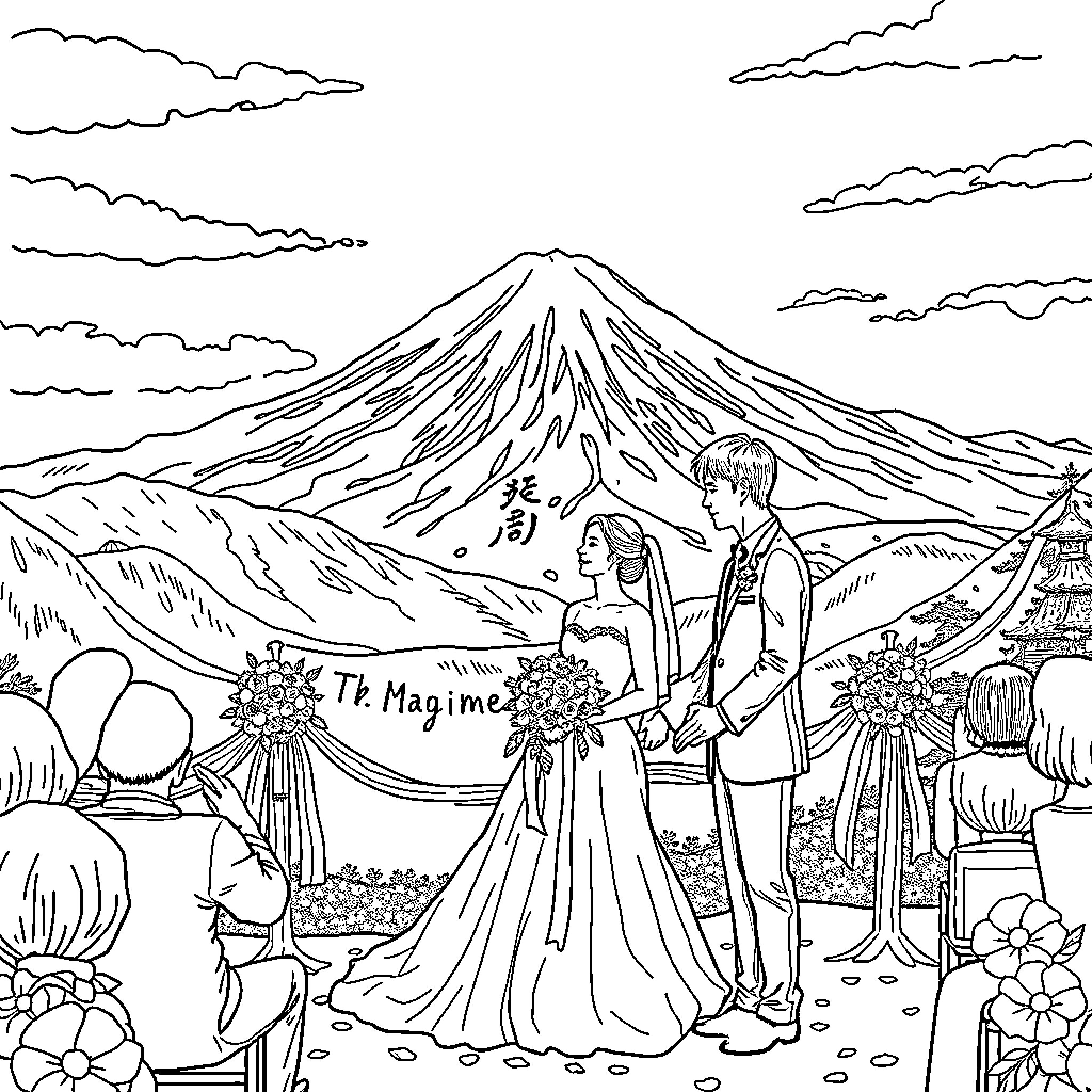 Wedding Ceremony in Scenic Mountain Landscape Coloring Page (free black-and-white line drawing printable PDF for all, from beginners to advanced learners, including children, teens, adults, and seniors)