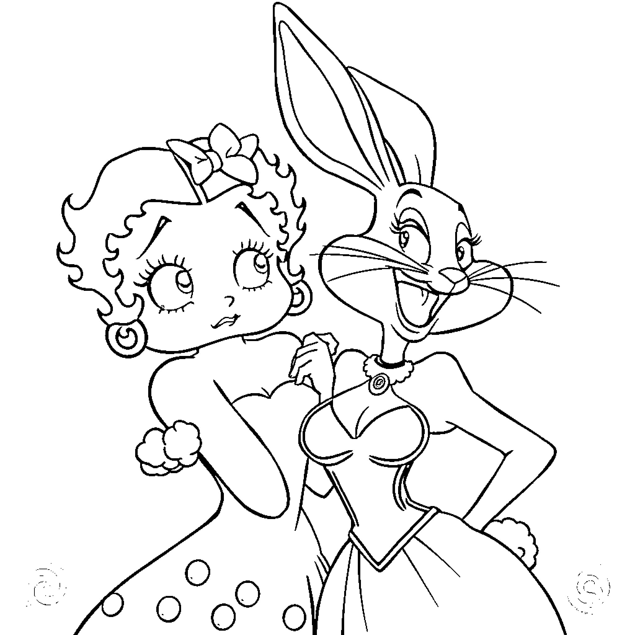 Betty Boop and Bugs Bunny enjoying a playful moment Coloring Page (free black-and-white line drawing printable PDF for all, from beginners to advanced learners, including children, teens, adults, and seniors)