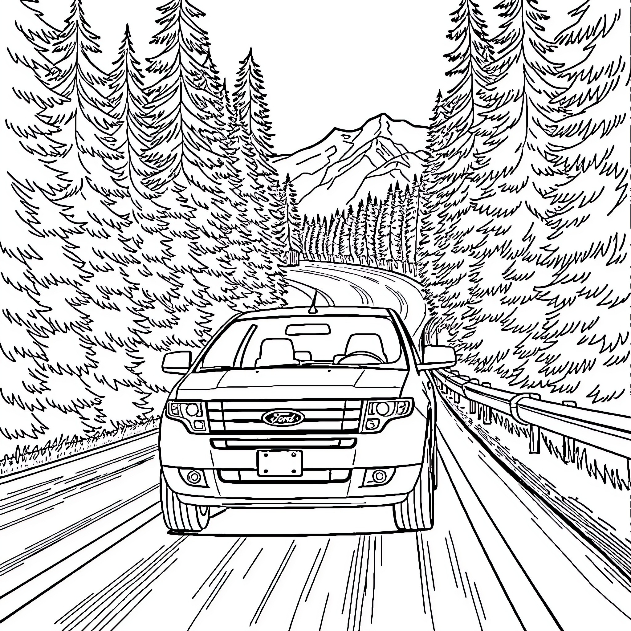 Ford Edge driving through a forested mountain landscape Coloring Page (free black-and-white line drawing printable PDF for all, from beginners to advanced learners, including children, teens, adults, and seniors)