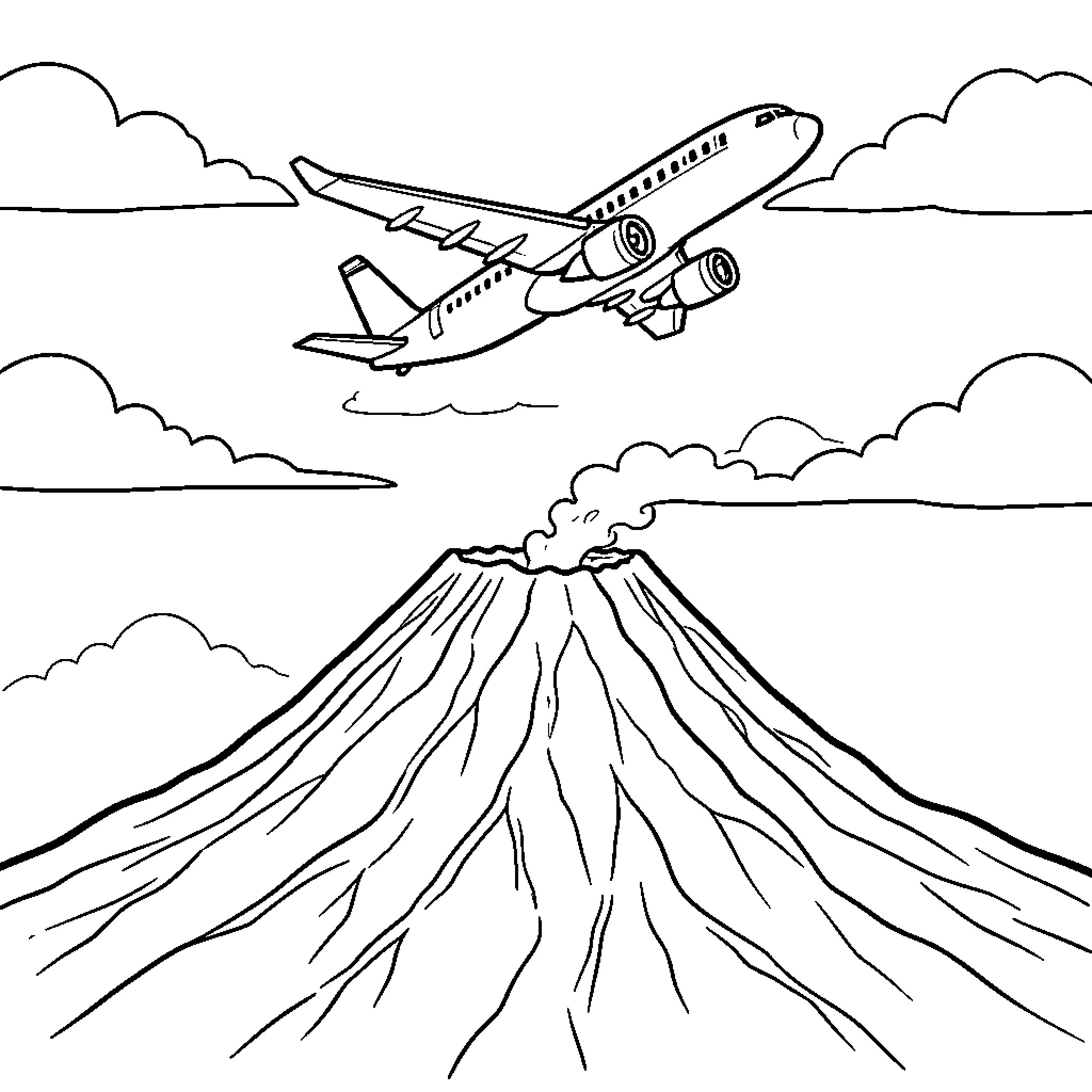 Avión volando sobre un volcán con nubes Coloring Page (free black-and-white line drawing printable PDF for all, from beginners to advanced learners, including children, teens, adults, and seniors)