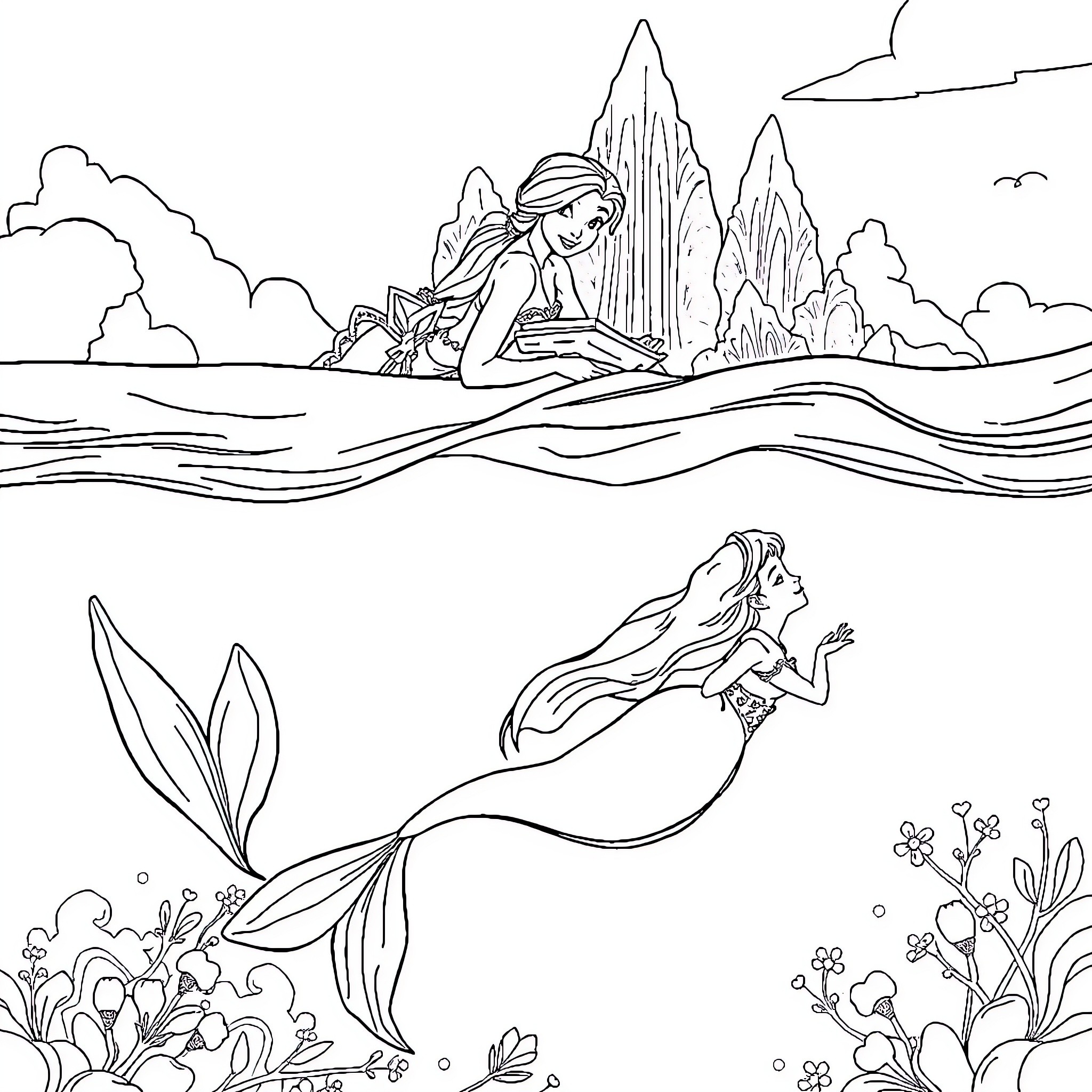Snow Queen Mermaid in Enchanting Underwater Realm Coloring Page (free black-and-white line drawing printable PDF for all, from beginners to advanced learners, including children, teens, adults, and seniors)