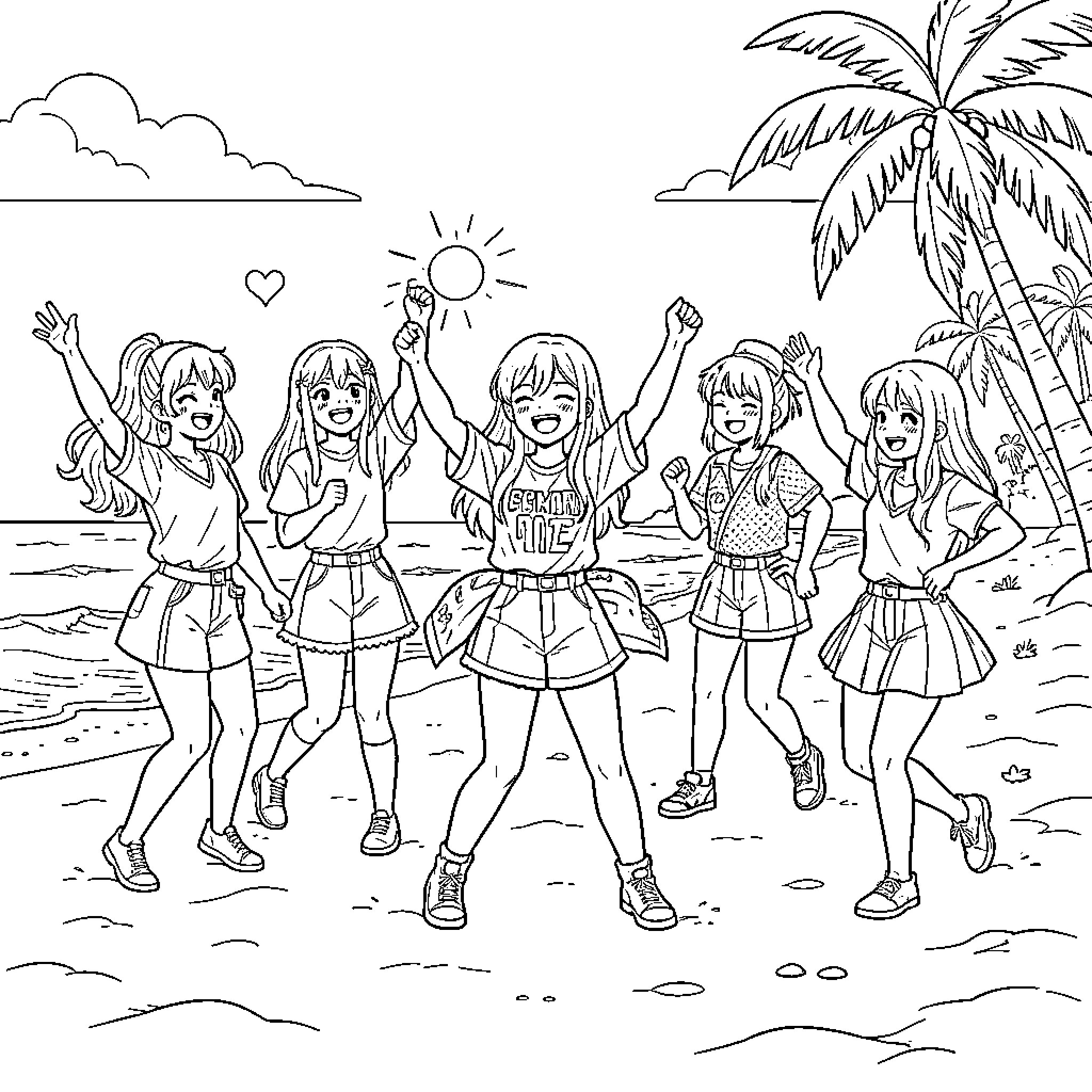 Kpop girl group dancing happily on a sunny beach Coloring Page (free black-and-white line drawing printable PDF for all, from beginners to advanced learners, including children, teens, adults, and seniors)