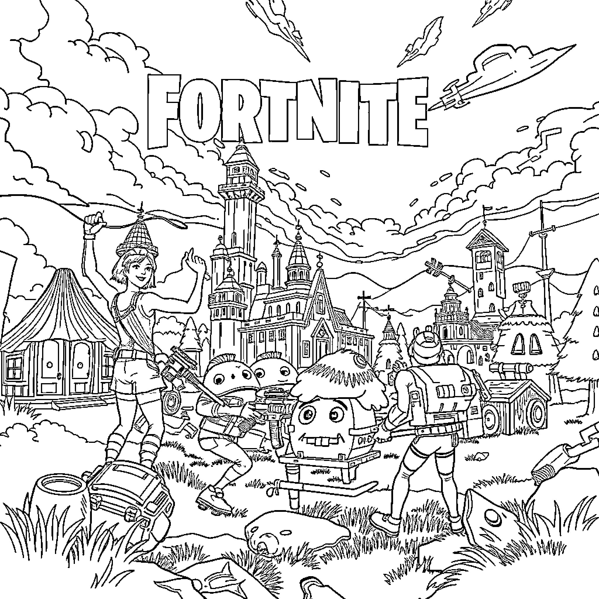 Fortnite Battle Royale Adventure in Fantastical Landscape Coloring Page (free black-and-white line drawing printable PDF for all, from beginners to advanced learners, including children, teens, adults, and seniors)