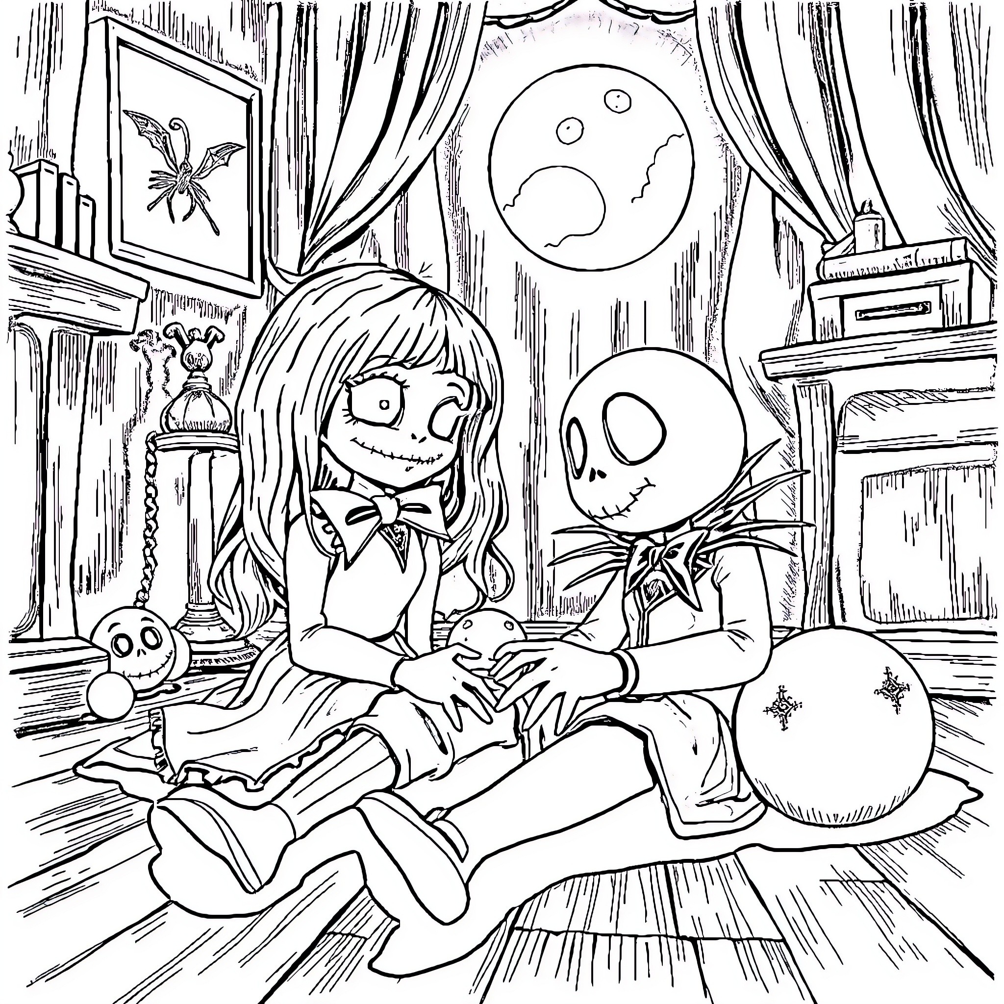 Annabelle's Whimsical Encounter with Jack Skellington Coloring Page (free black-and-white line drawing printable PDF for all, from beginners to advanced learners, including children, teens, adults, and seniors)