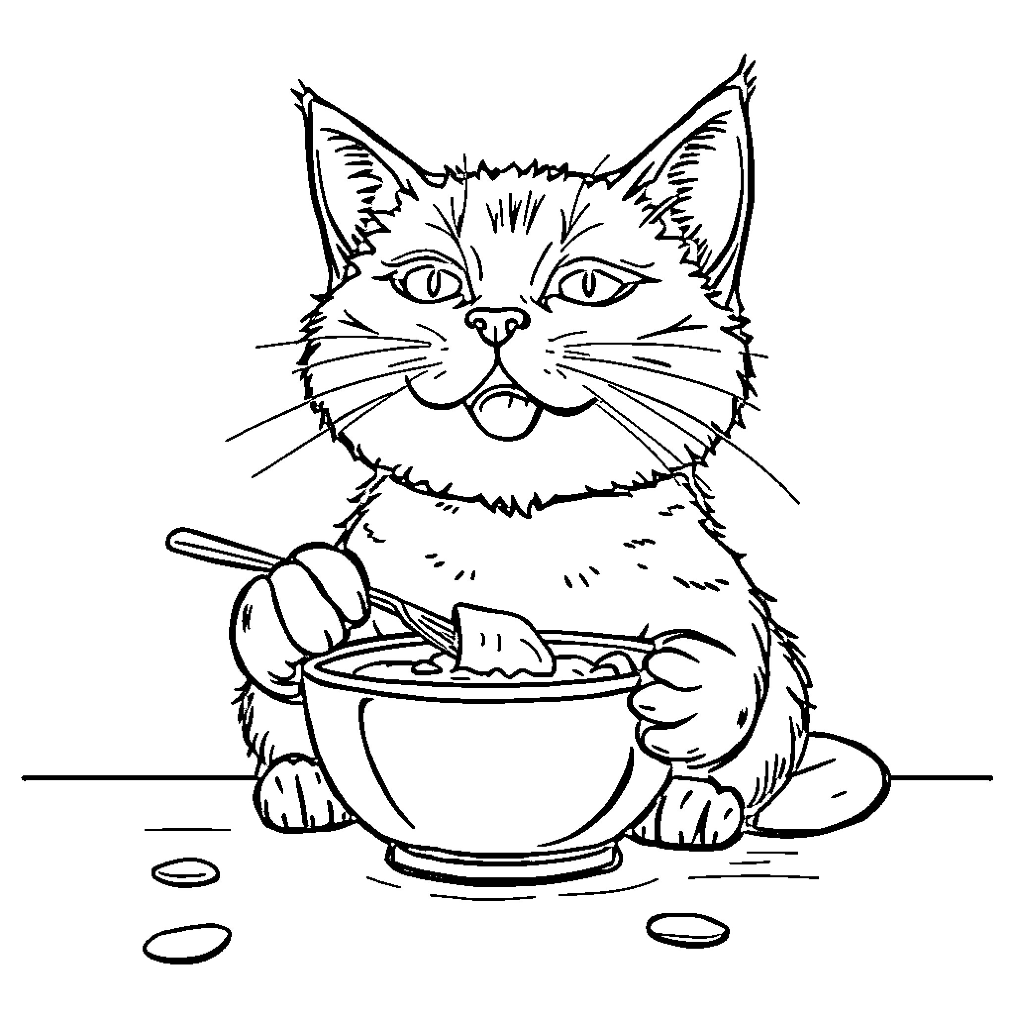 Cat Enjoying a Hearty Meal Coloring Page (free black-and-white line drawing printable PDF for all, from beginners to advanced learners, including children, teens, adults, and seniors)