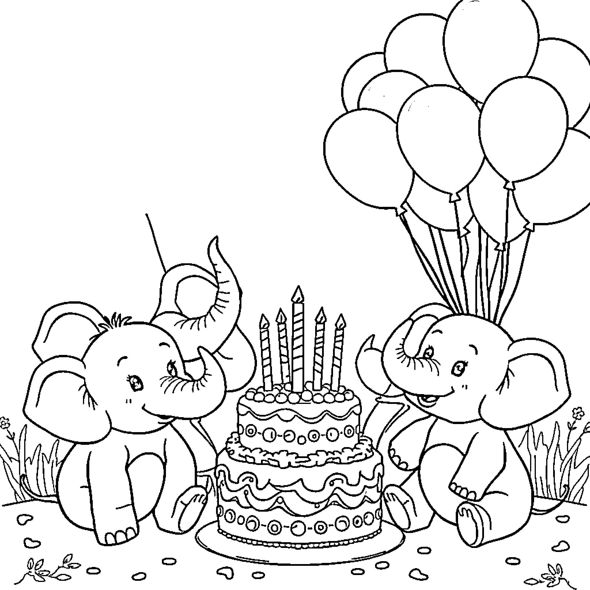 Elephant Birthday Celebration with Cake and Balloons Coloring Page (free black-and-white line drawing printable PDF for all, from beginners to advanced learners, including children, teens, adults, and seniors)