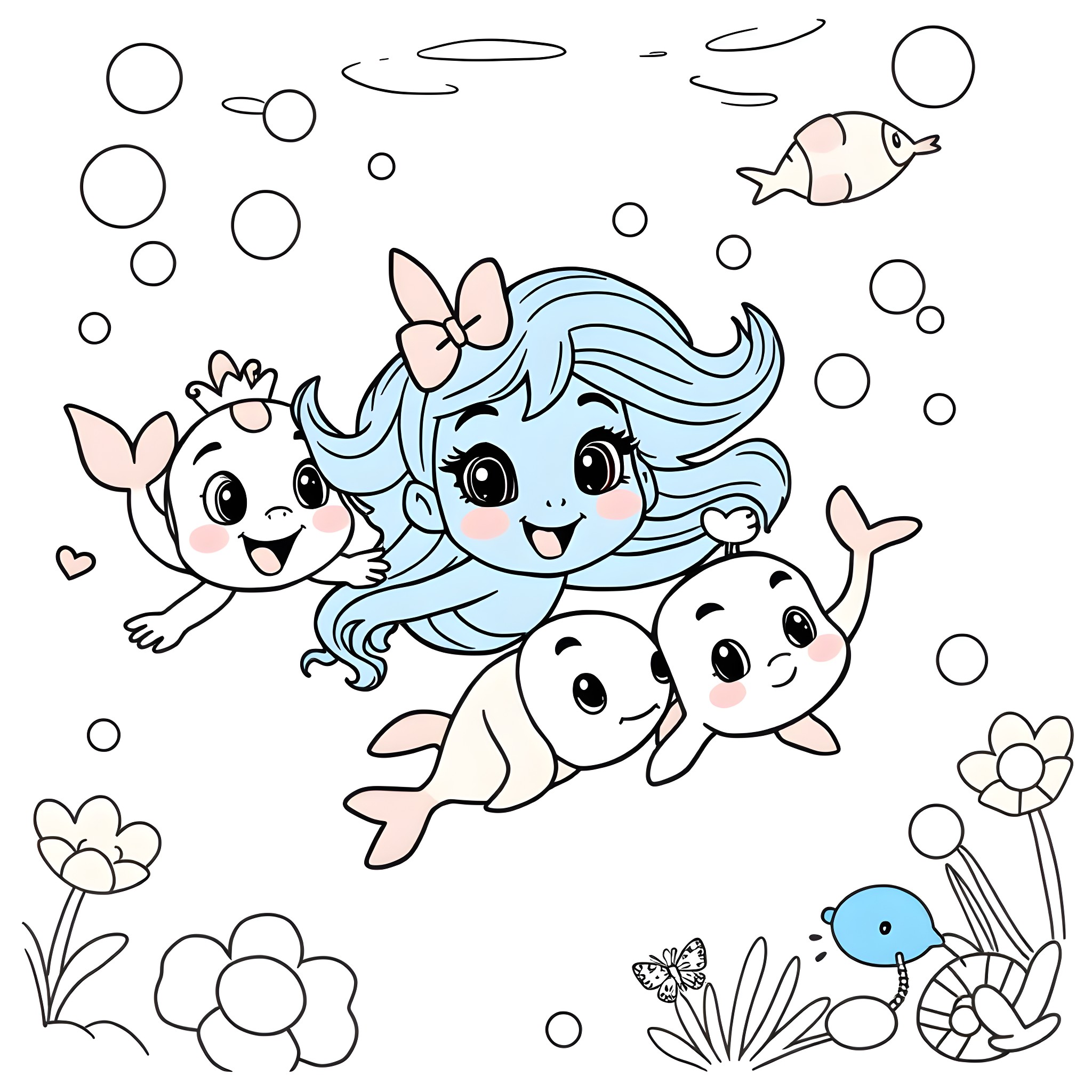 Bluey and friends explore the underwater world Coloring Page (free black-and-white line drawing printable PDF for all, from beginners to advanced learners, including children, teens, adults, and seniors)