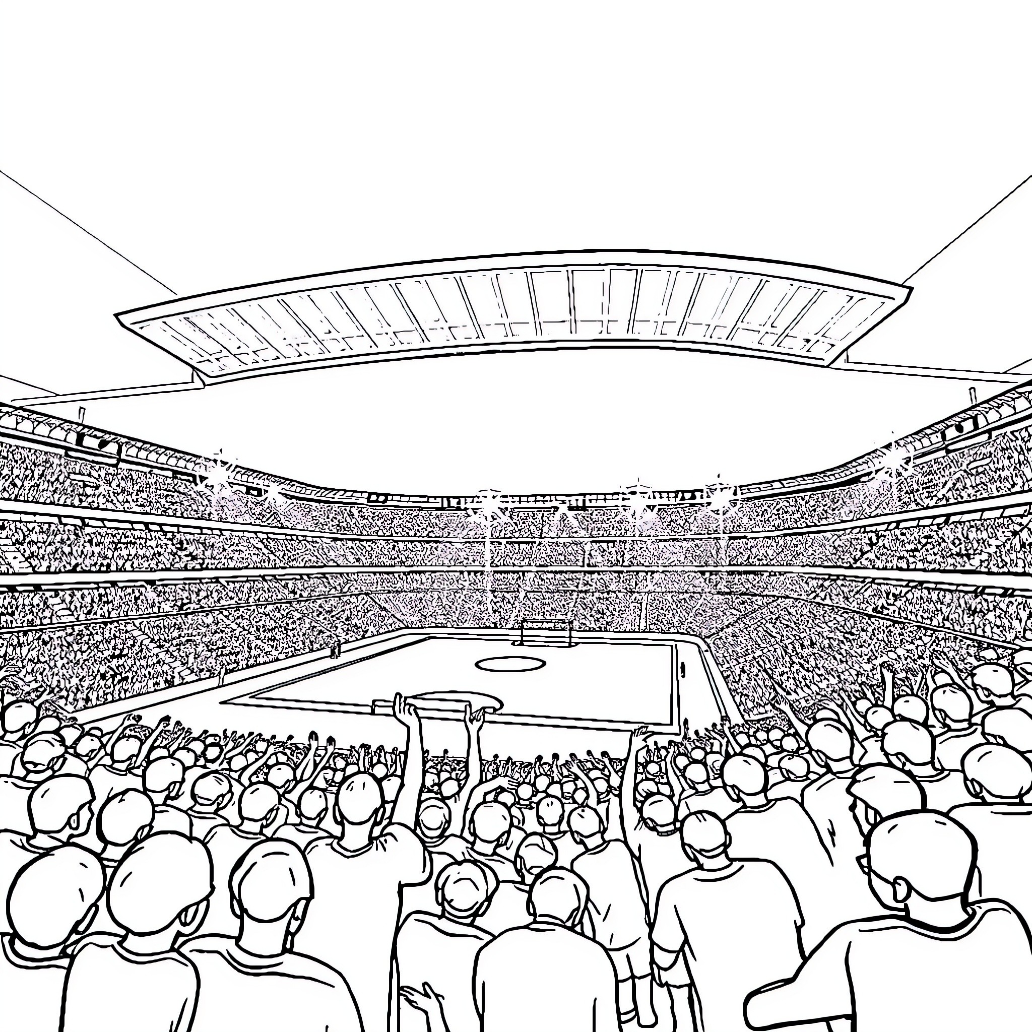 Soccer Stadium Filled with Cheering Fans Coloring Page (free black-and-white line drawing printable PDF for all, from beginners to advanced learners, including children, teens, adults, and seniors)