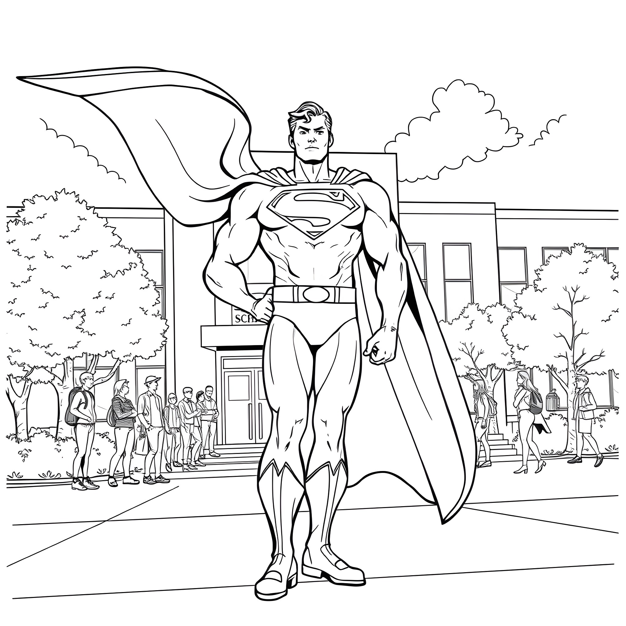 Superman standing heroically in front of a crowd Coloring Page (free black-and-white line drawing printable PDF for all, from beginners to advanced learners, including children, teens, adults, and seniors)