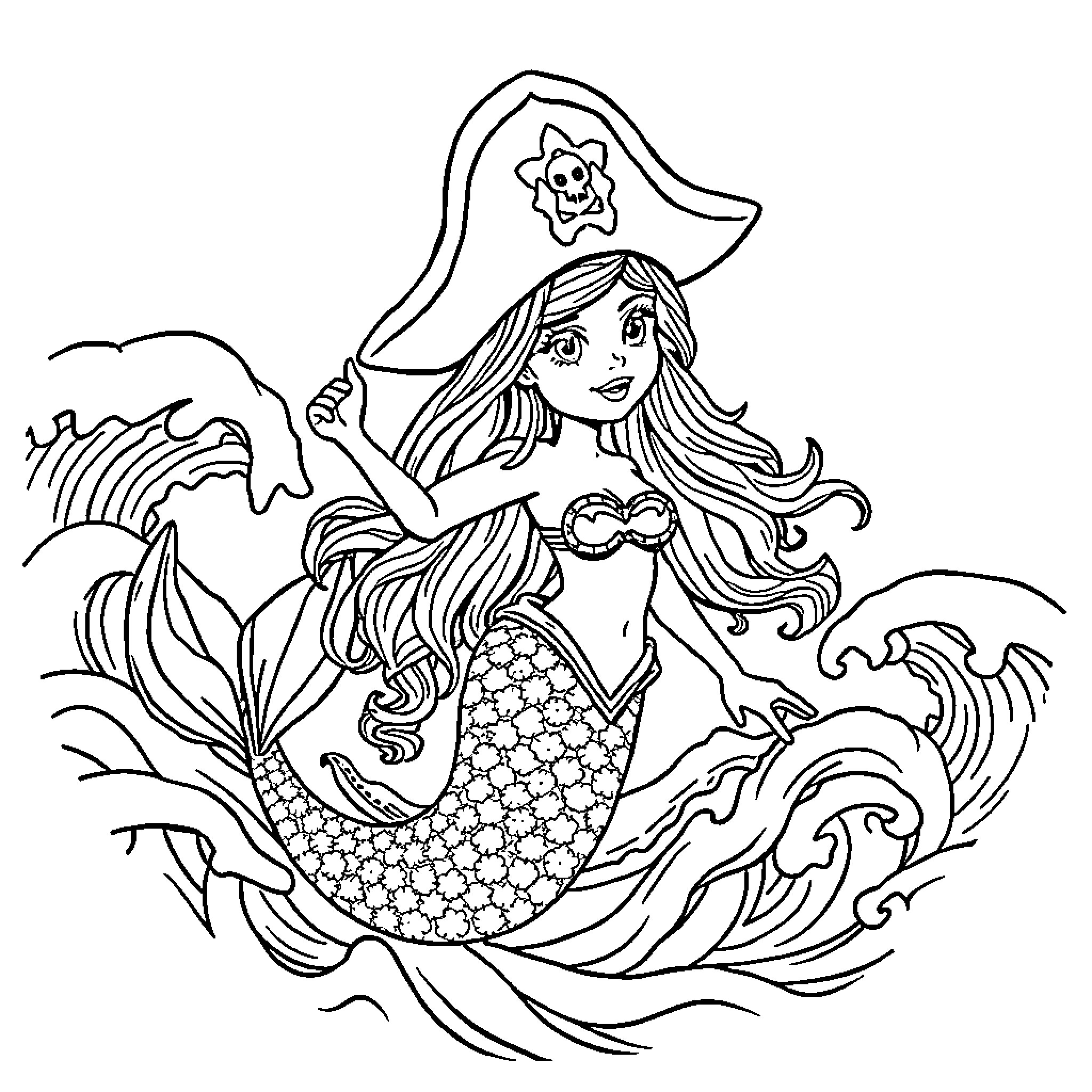 Pirate Mermaid Exploring the Seas with Waves and Sea Creatures Coloring Page (free black-and-white line drawing printable PDF for all, from beginners to advanced learners, including children, teens, adults, and seniors)