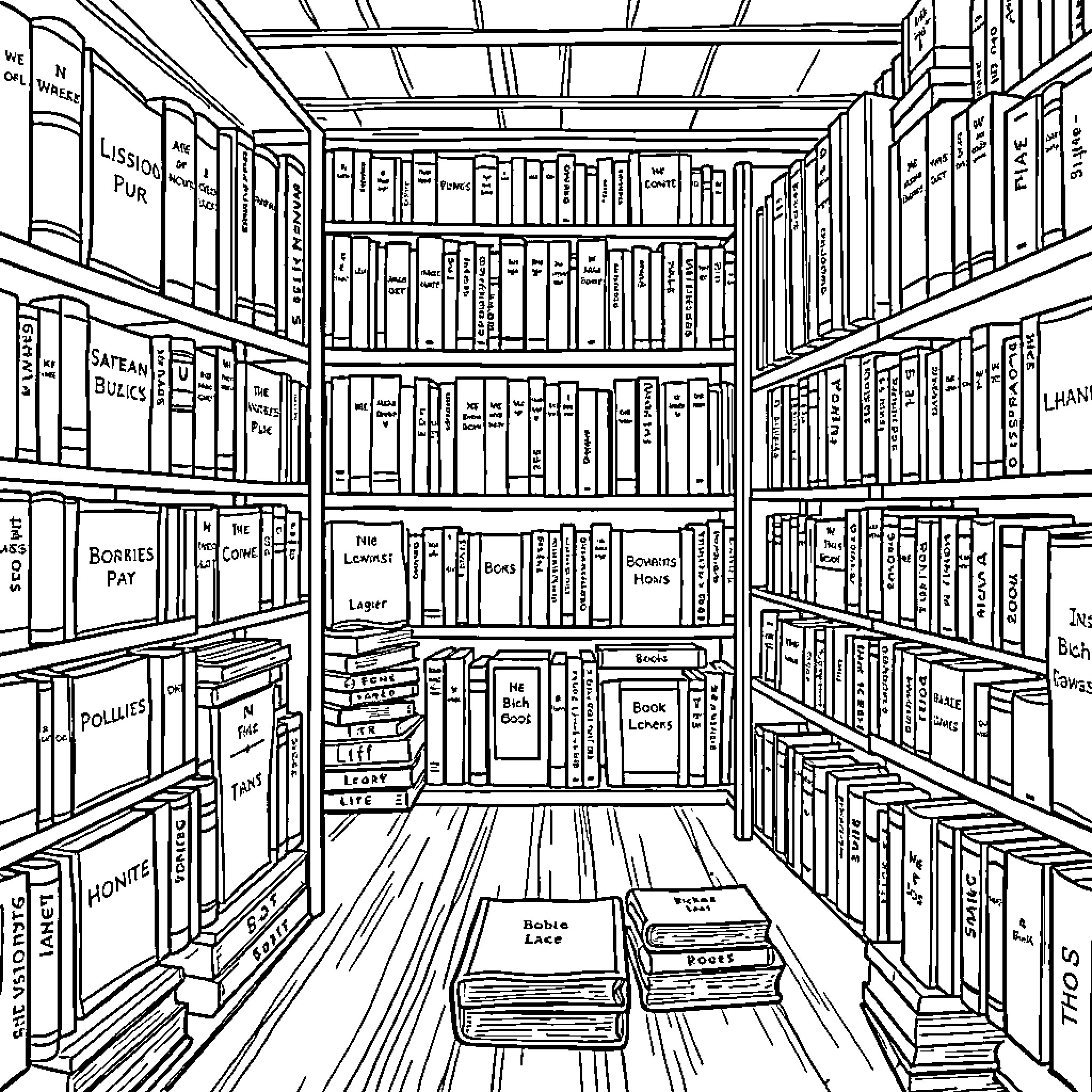 Bible study in a well-stocked library Coloring Page (free black-and-white line drawing printable PDF for all, from beginners to advanced learners, including children, teens, adults, and seniors)