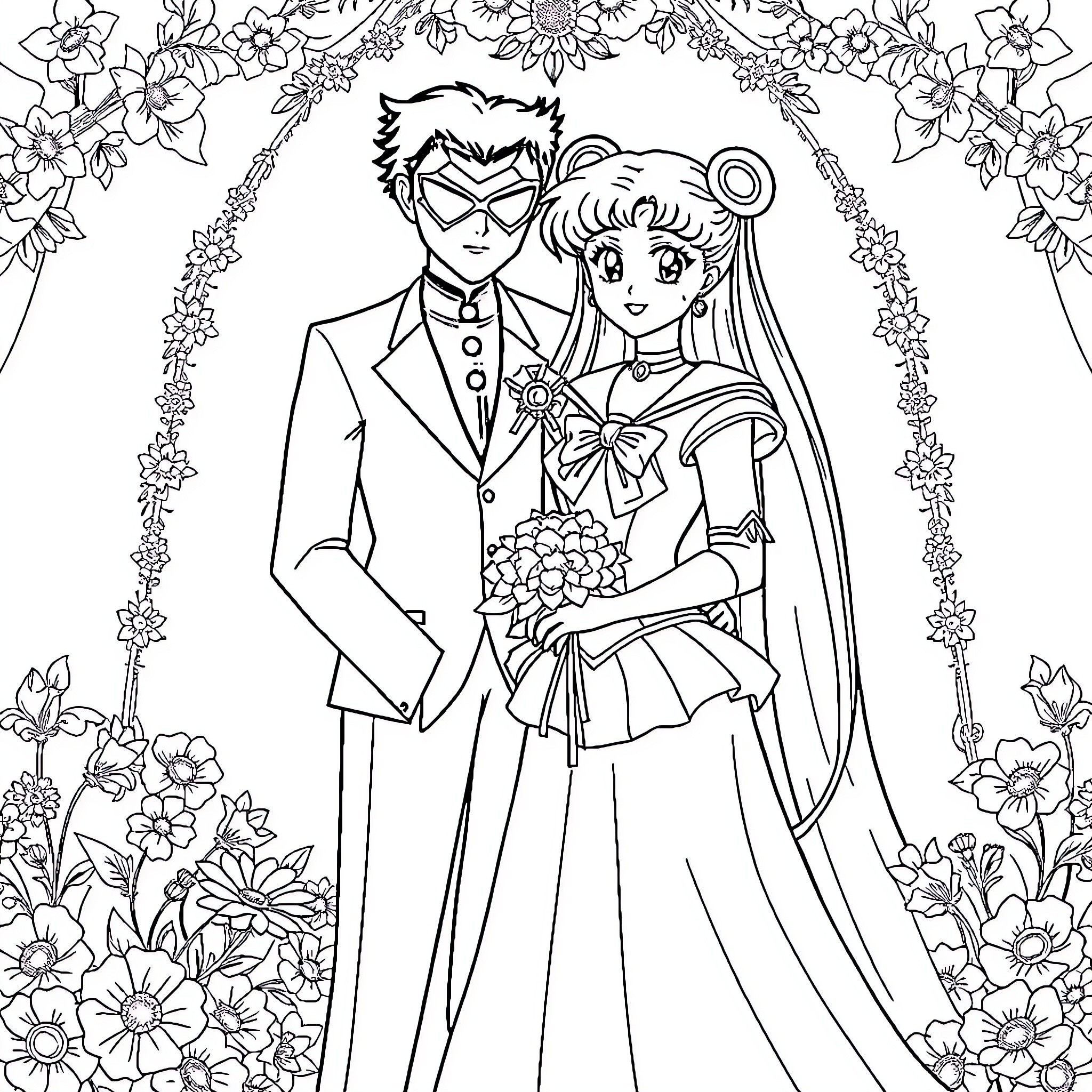 Sailor Moon Wedding Scene with Floral Arch Coloring Page (free black-and-white line drawing printable PDF for all, from beginners to advanced learners, including children, teens, adults, and seniors)