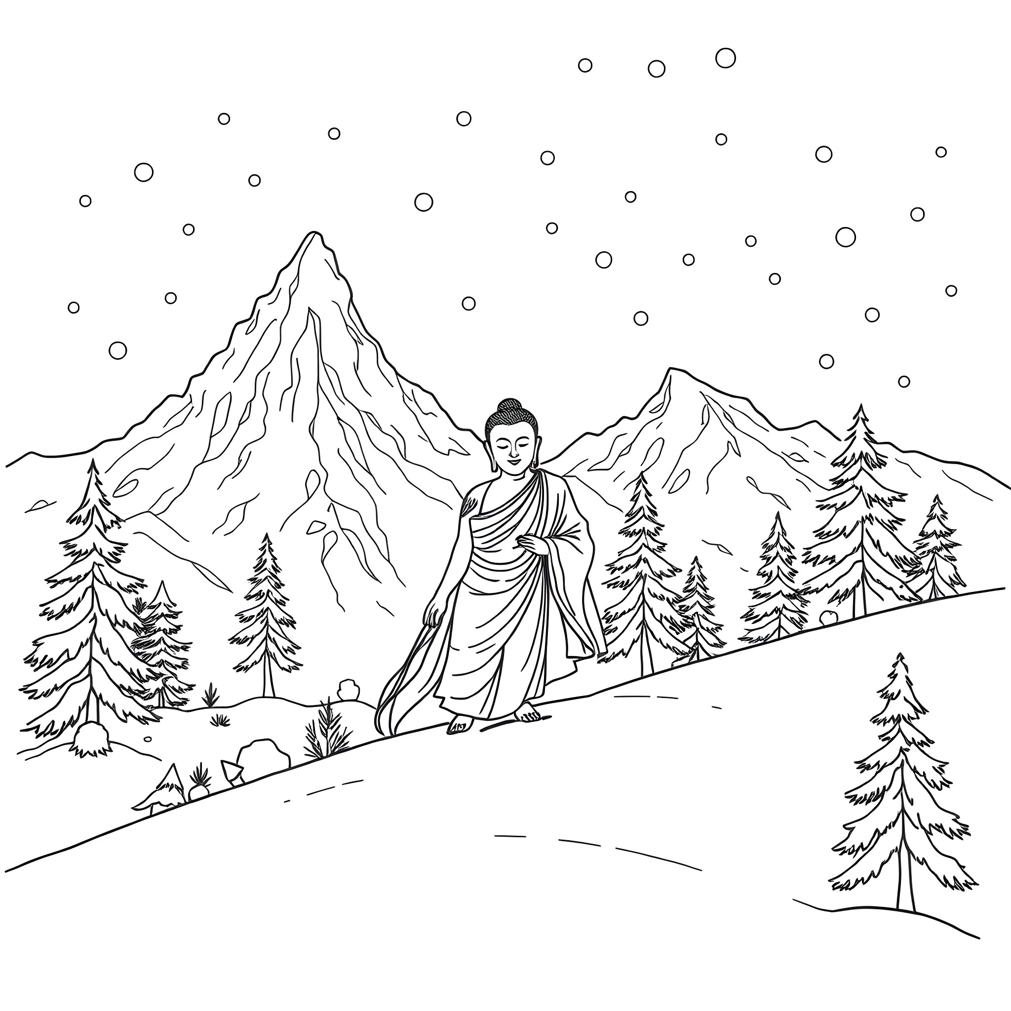 Buddha in a serene mountain landscape Coloring Page (free black-and-white line drawing printable PDF for all, from beginners to advanced learners, including children, teens, adults, and seniors)