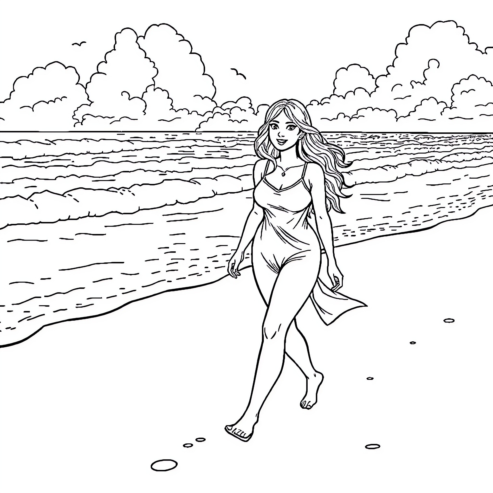 Lisa Ann enjoying a relaxing day at the beach Coloring Page (free black-and-white line drawing printable PDF for all, from beginners to advanced learners, including children, teens, adults, and seniors)