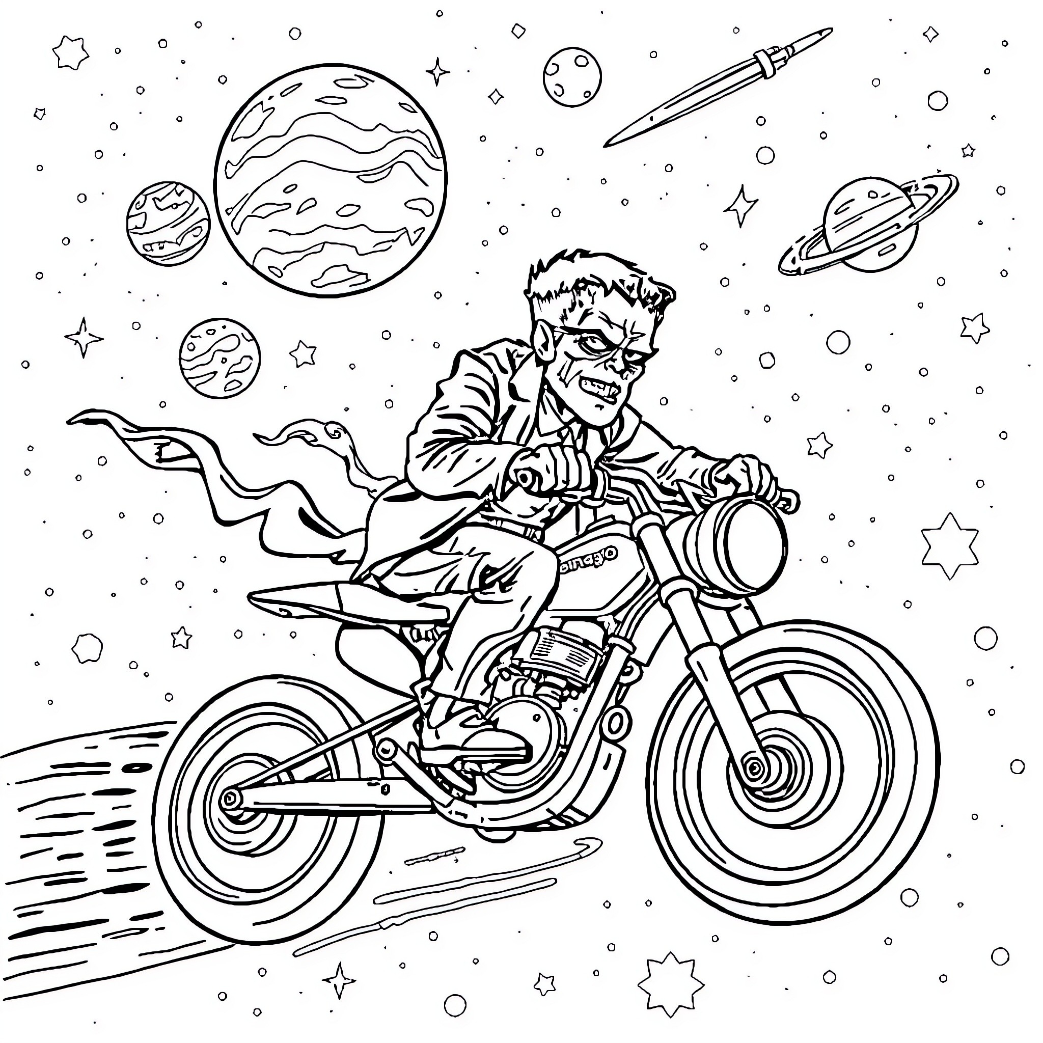 Frankenstein riding a motorcycle through a cosmic landscape Coloring Page (free black-and-white line drawing printable PDF for all, from beginners to advanced learners, including children, teens, adults, and seniors)