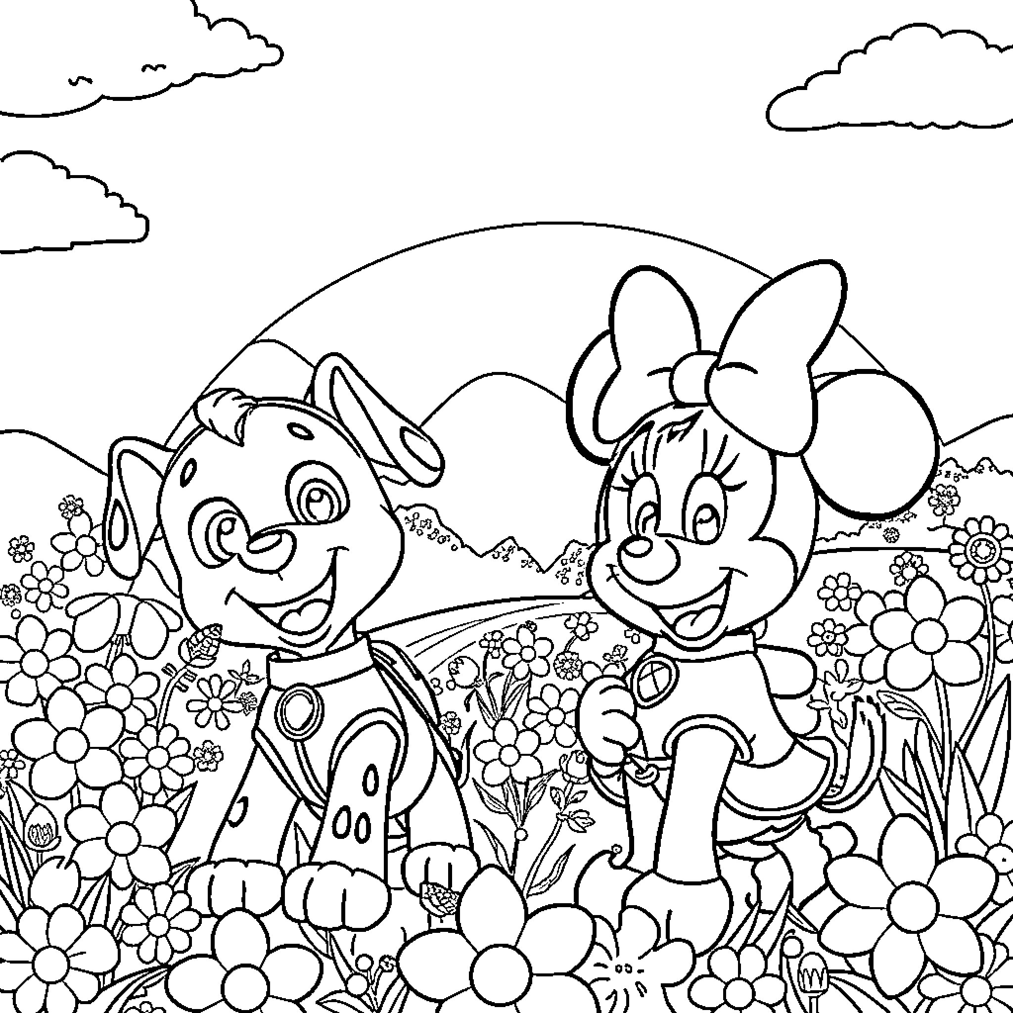 Skye's Playful Adventure with Minnie Coloring Page (free black-and-white line drawing printable PDF for all, from beginners to advanced learners, including children, teens, adults, and seniors)