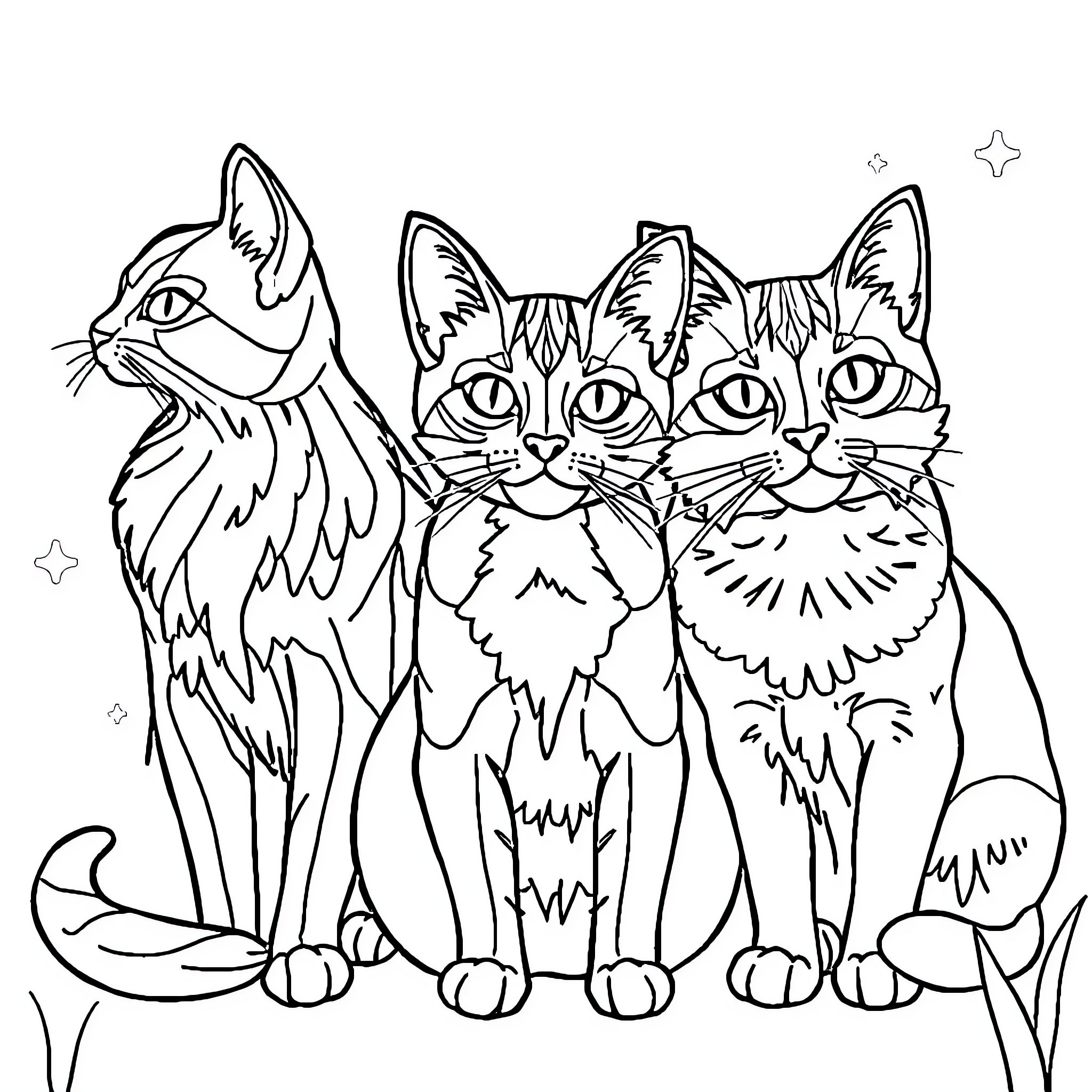 Cats Together in Whimsical Illustration Coloring Page (free black-and-white line drawing printable PDF for all, from beginners to advanced learners, including children, teens, adults, and seniors)