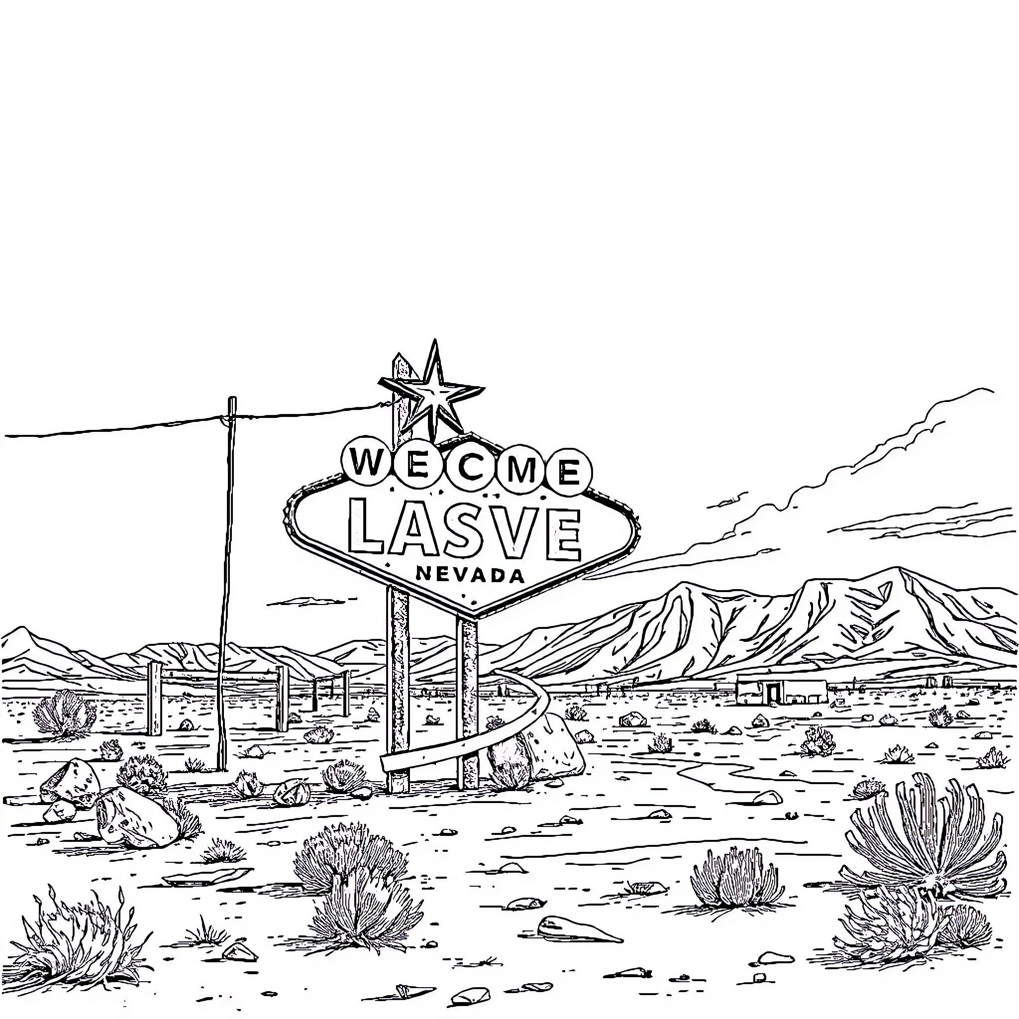 Las Vegas: Welcome to the Desert Landscape Coloring Page (free black-and-white line drawing printable PDF for all, from beginners to advanced learners, including children, teens, adults, and seniors)