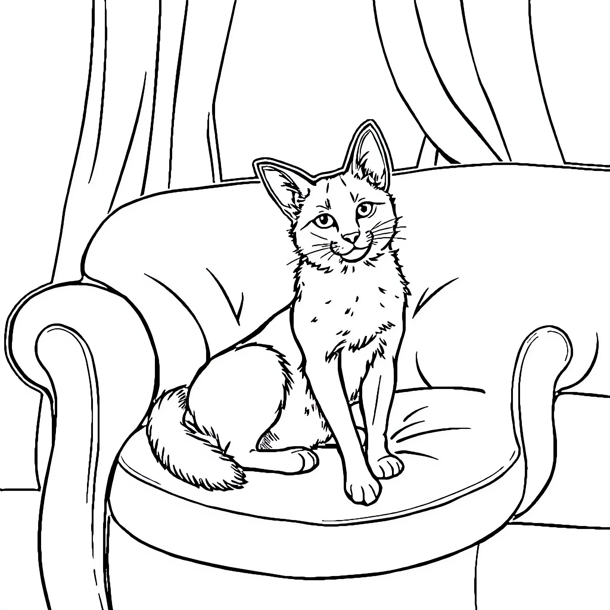 Huntrix - Cat sitting on a couch Coloring Page (free black-and-white line drawing printable PDF for all, from beginners to advanced learners, including children, teens, adults, and seniors)