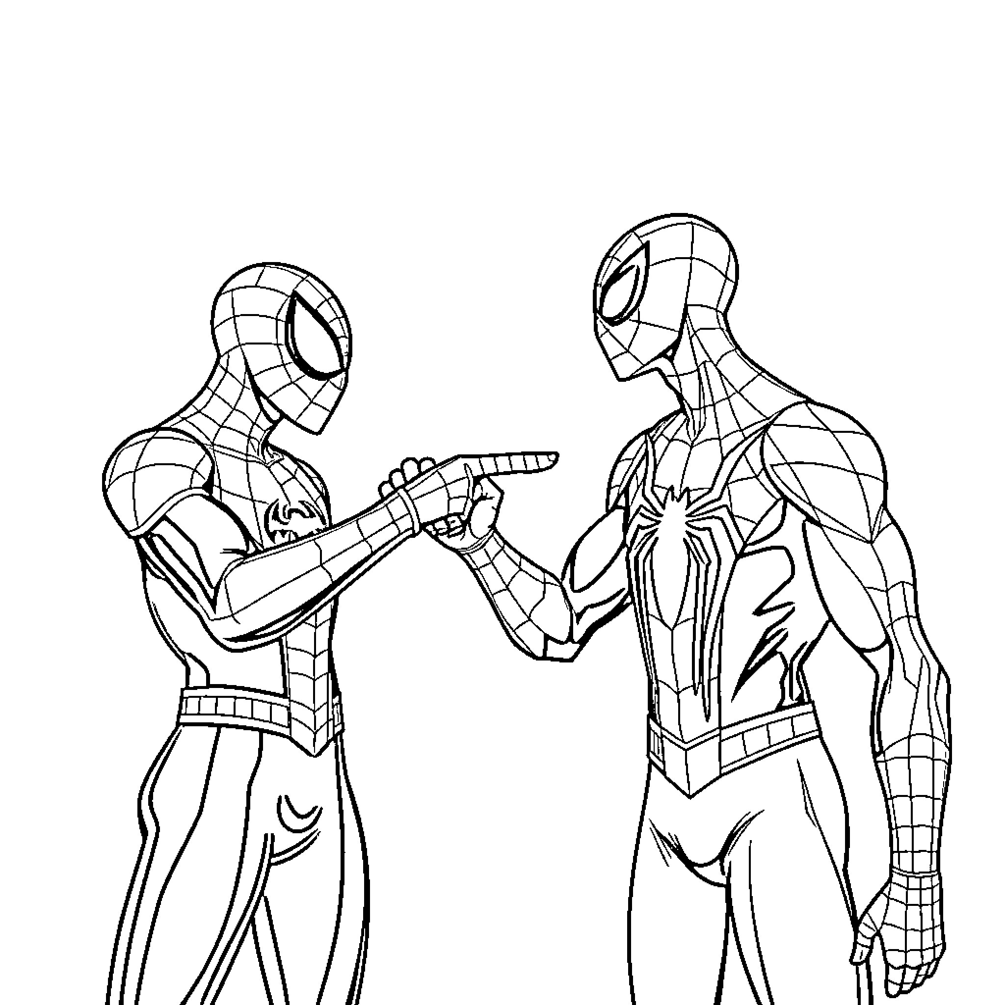 Spider-Man characters in action poses Coloring Page (free black-and-white line drawing printable PDF for all, from beginners to advanced learners, including children, teens, adults, and seniors)