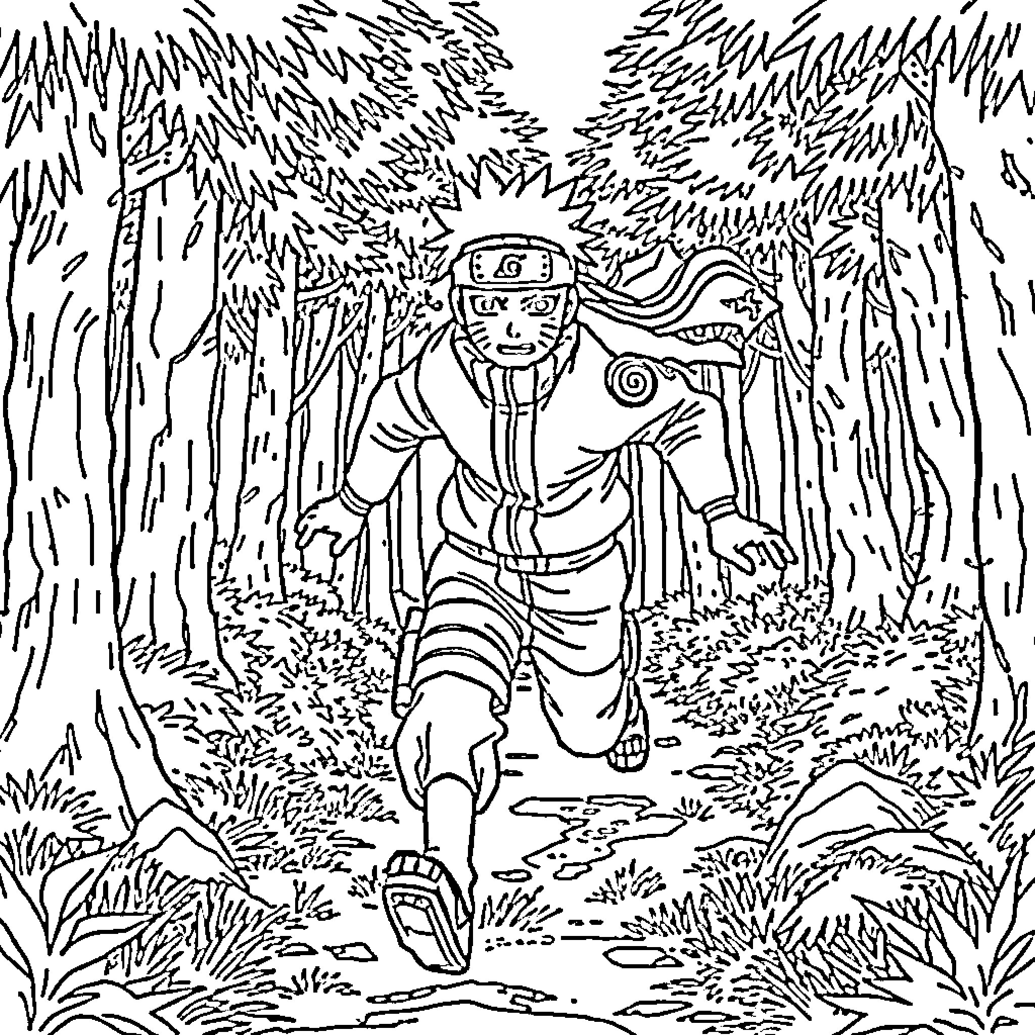 Naruto running through the forest with determination Coloring Page (free black-and-white line drawing printable PDF for all, from beginners to advanced learners, including children, teens, adults, and seniors)