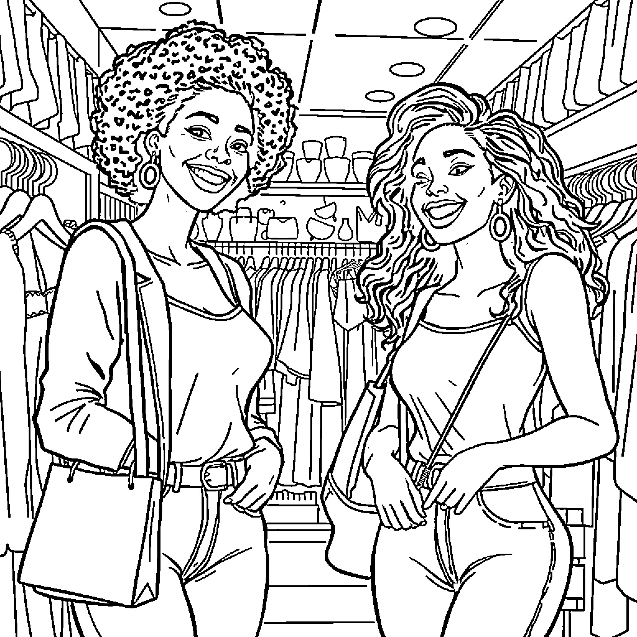 Woman Shopping with Friend in Retail Store Coloring Page (free black-and-white line drawing printable PDF for all, from beginners to advanced learners, including children, teens, adults, and seniors)