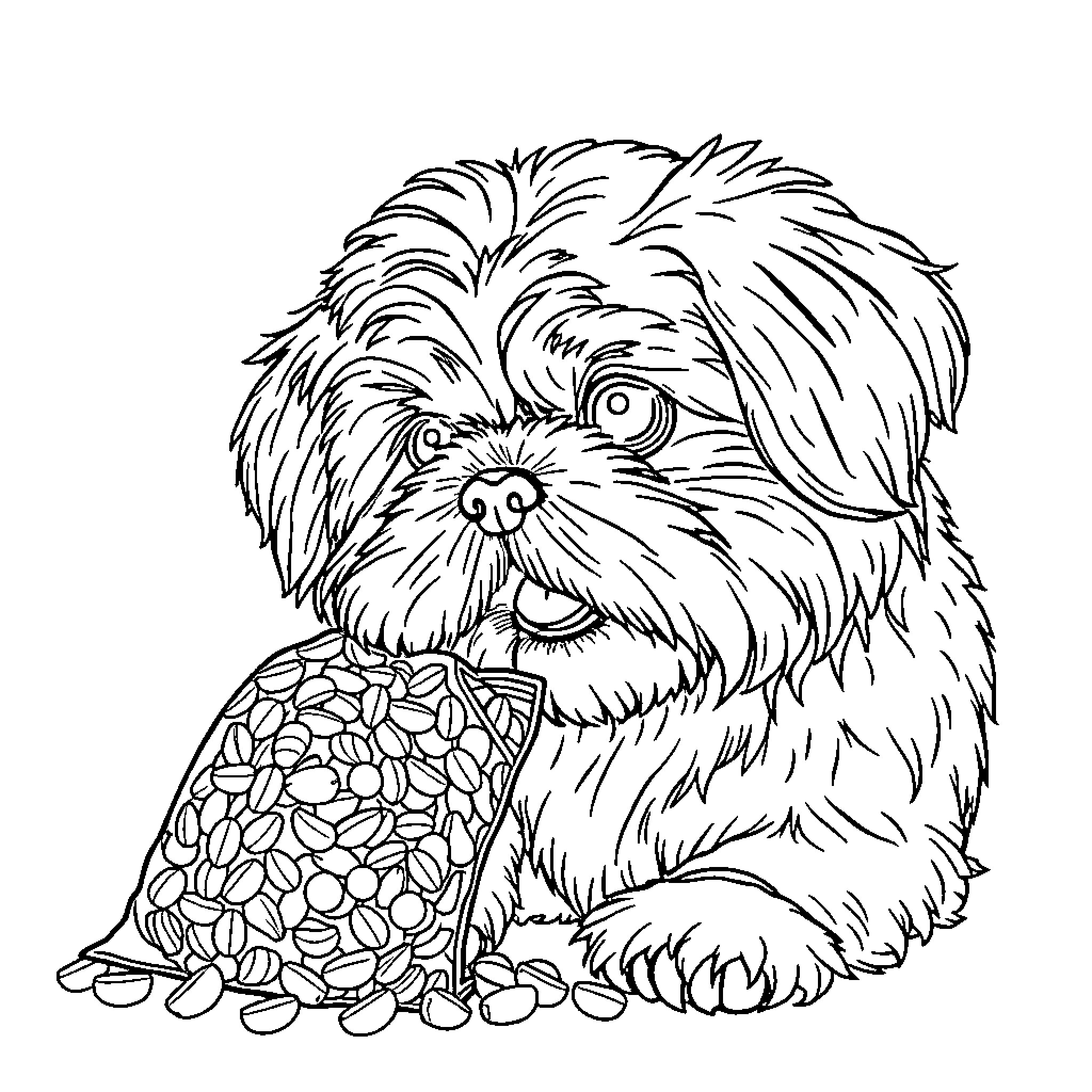 Shih Tzu playing with pebbles Coloring Page (free black-and-white line drawing printable PDF for all, from beginners to advanced learners, including children, teens, adults, and seniors)
