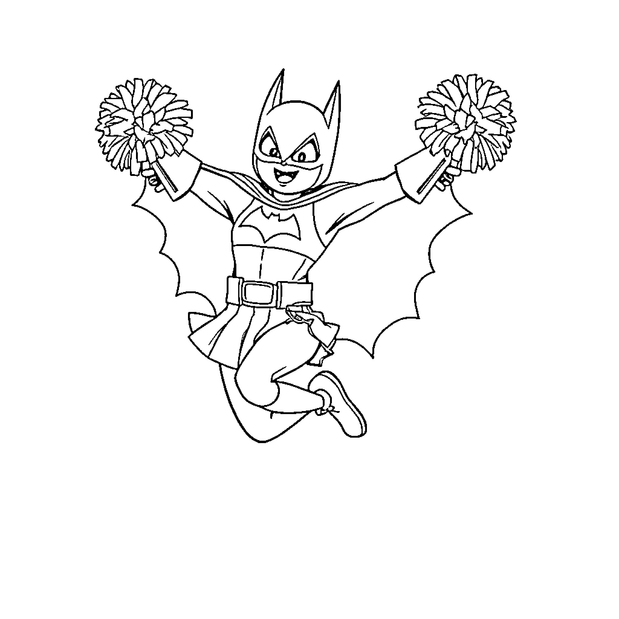 Batman Enthusiastically Cheering with Pom-Poms Coloring Page (free black-and-white line drawing printable PDF for all, from beginners to advanced learners, including children, teens, adults, and seniors)