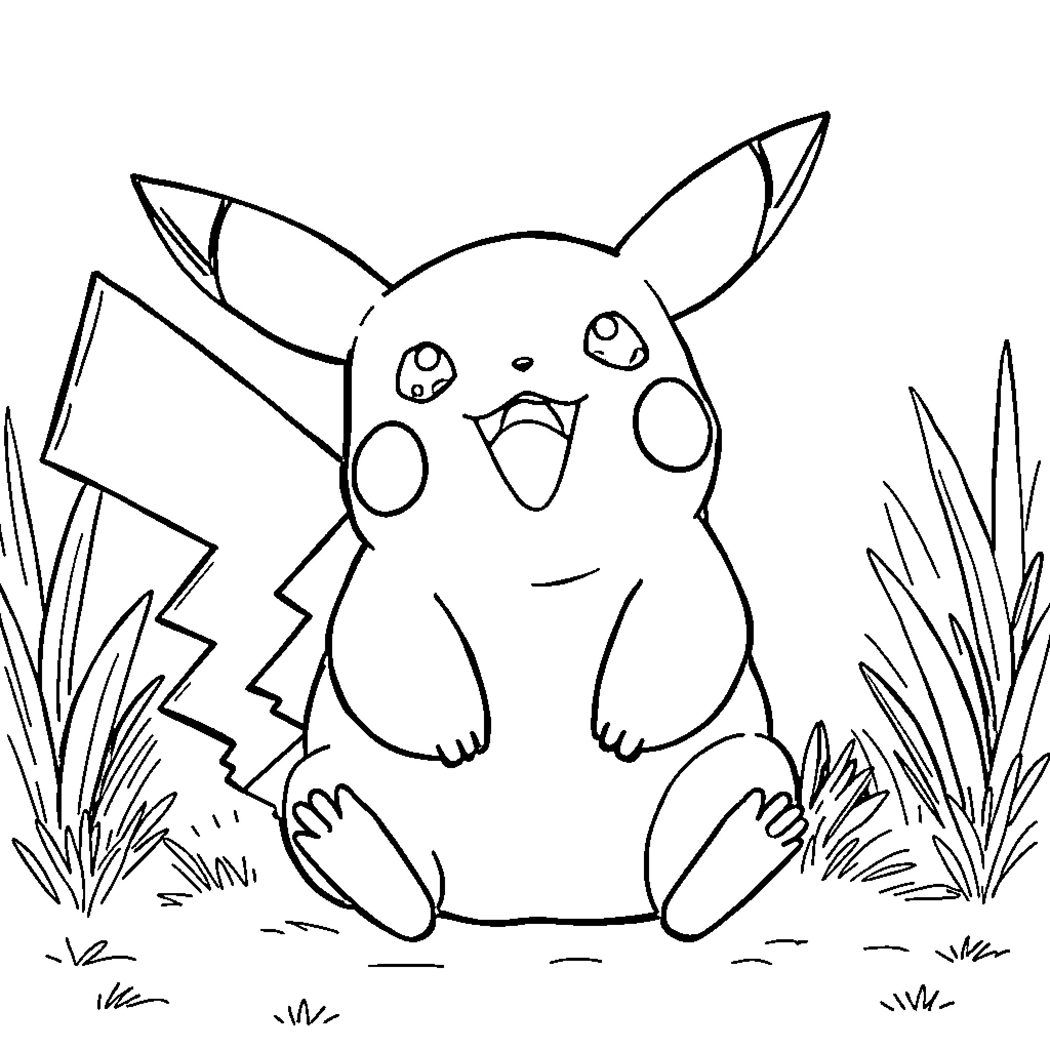 Pikachu waving and posing in a grassy field Coloring Page (free black-and-white line drawing printable PDF for all, from beginners to advanced learners, including children, teens, adults, and seniors)