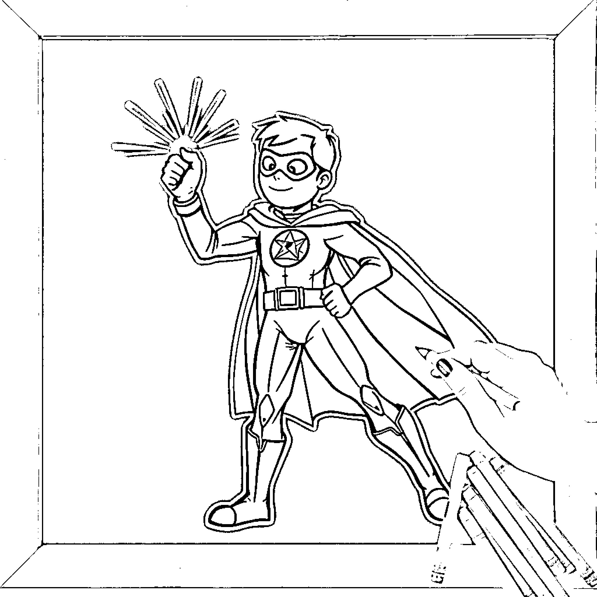 Superhero in action-packed pose with powers Coloring Page (free black-and-white line drawing printable PDF for all, from beginners to advanced learners, including children, teens, adults, and seniors)