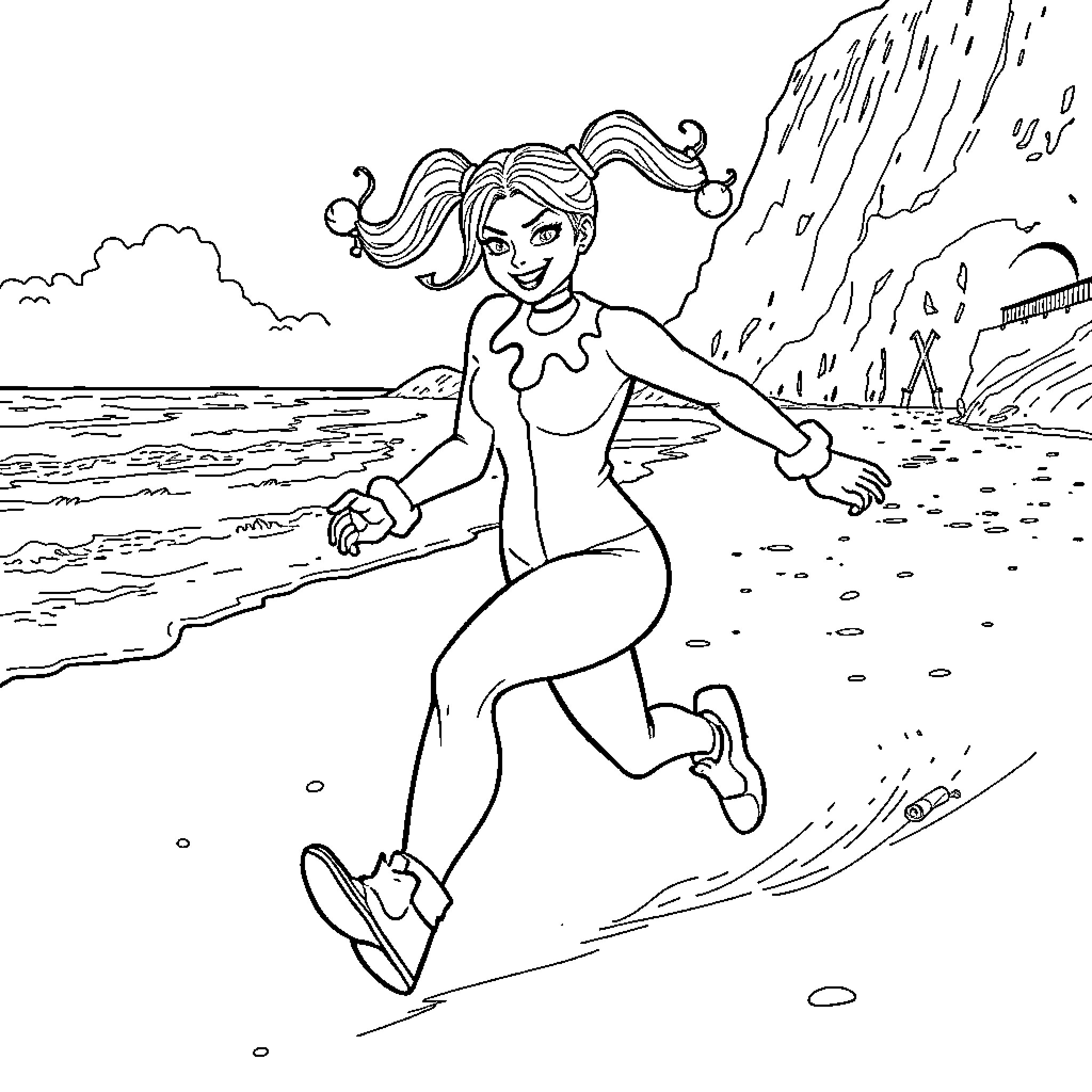Harley Quinn enjoying a day at the beach Coloring Page (free black-and-white line drawing printable PDF for all, from beginners to advanced learners, including children, teens, adults, and seniors)