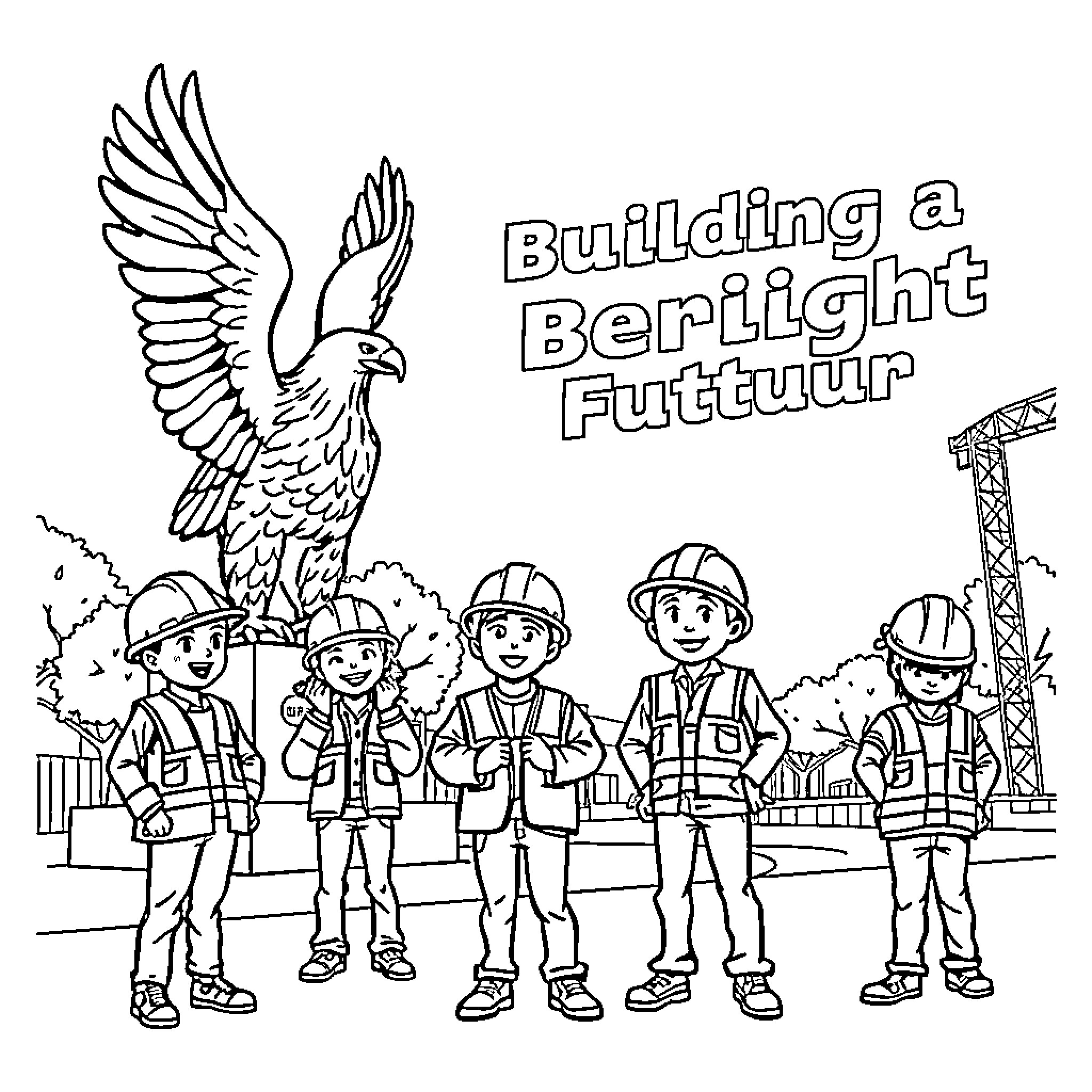 Eagle Builders Working Diligently at a Construction Site Coloring Page (free black-and-white line drawing printable PDF for all, from beginners to advanced learners, including children, teens, adults, and seniors)