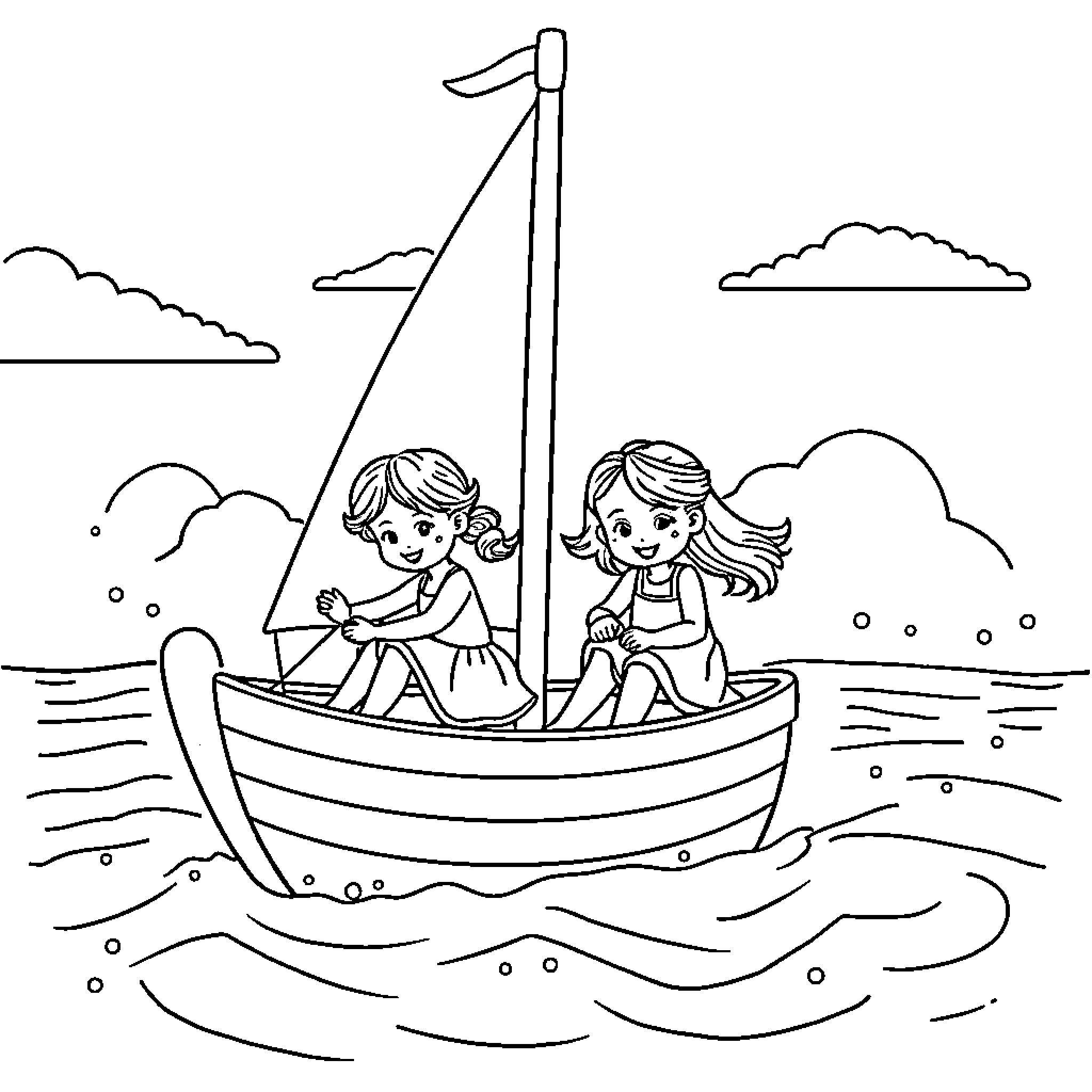 Girls sailing joyfully on the sea Coloring Page (free black-and-white line drawing printable PDF for all, from beginners to advanced learners, including children, teens, adults, and seniors)