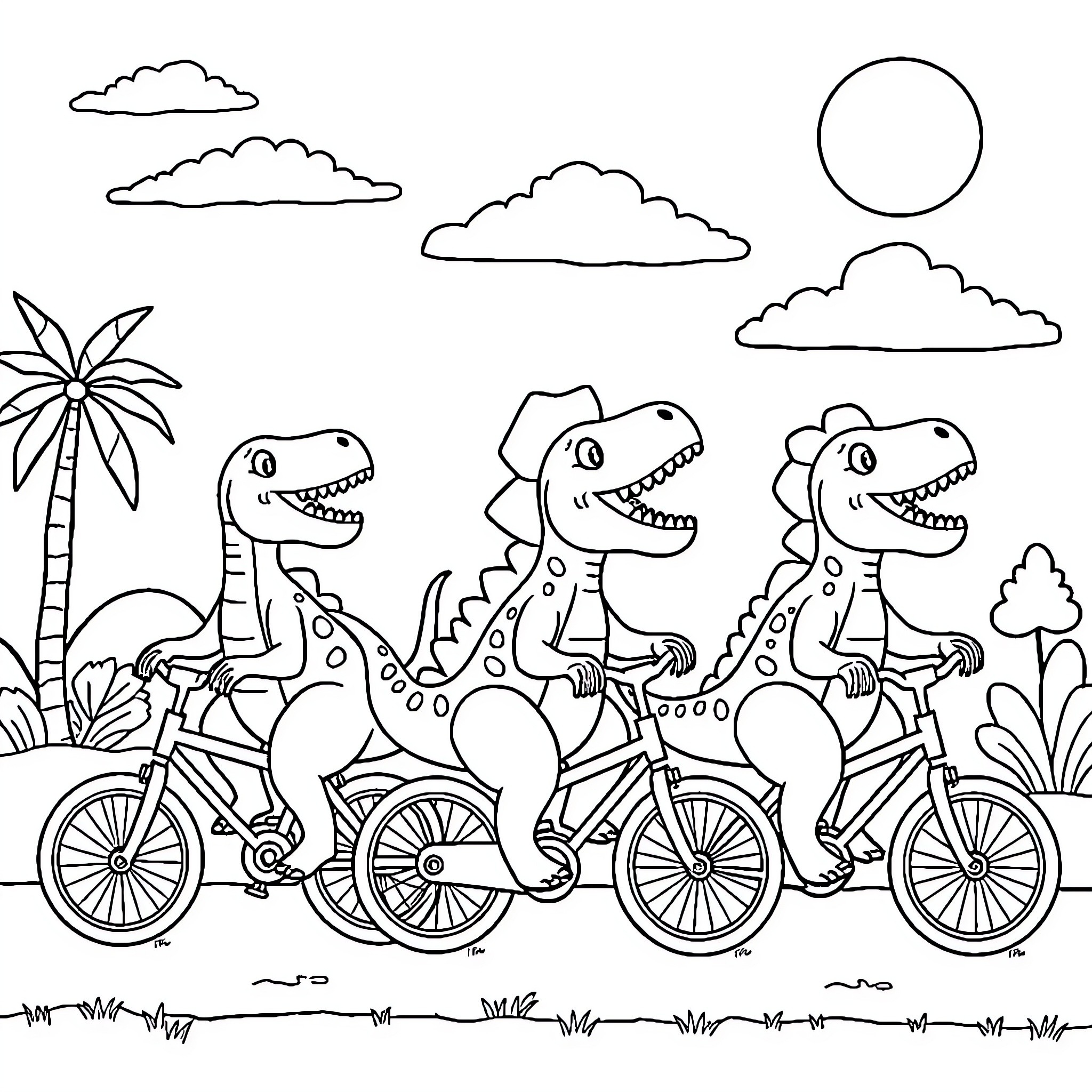 Dinosaurs riding bicycles in a tropical setting Coloring Page (free black-and-white line drawing printable PDF for all, from beginners to advanced learners, including children, teens, adults, and seniors)