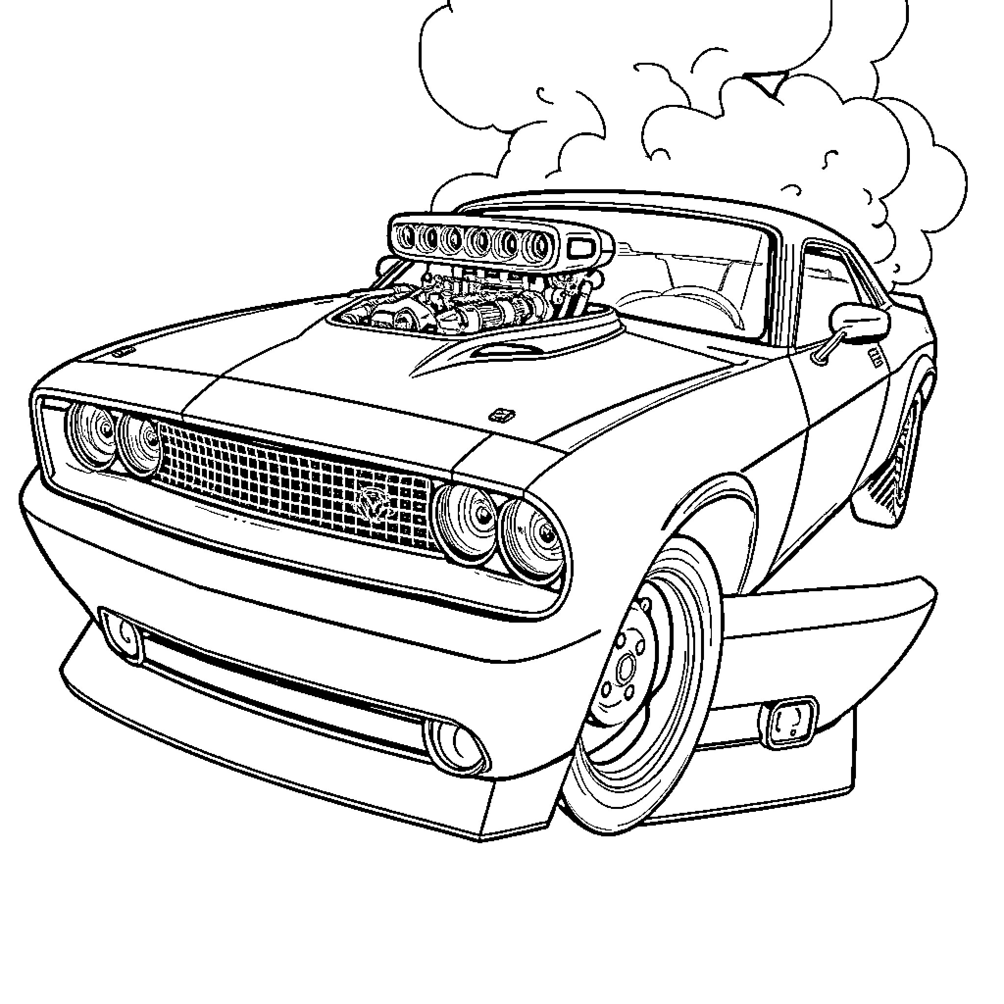 Muscle Car with Powerful Engine and Racing Accessories Coloring Page (free black-and-white line drawing printable PDF for all, from beginners to advanced learners, including children, teens, adults, and seniors)