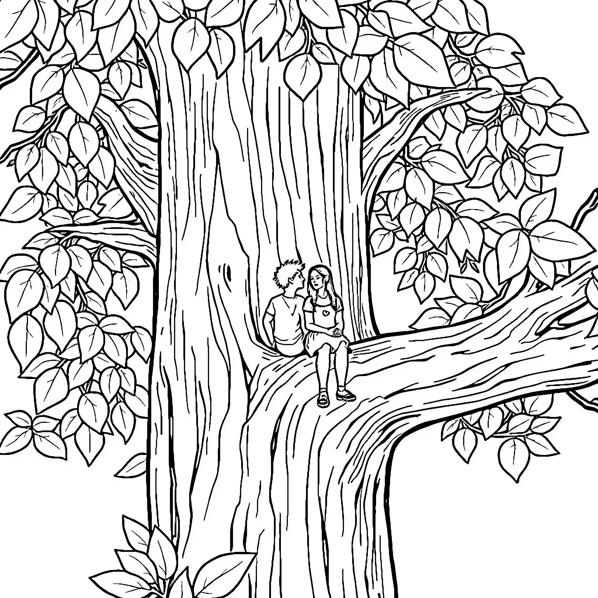 Person relaxing on tree branch in lush forest Coloring Page (free black-and-white line drawing printable PDF for all, from beginners to advanced learners, including children, teens, adults, and seniors)