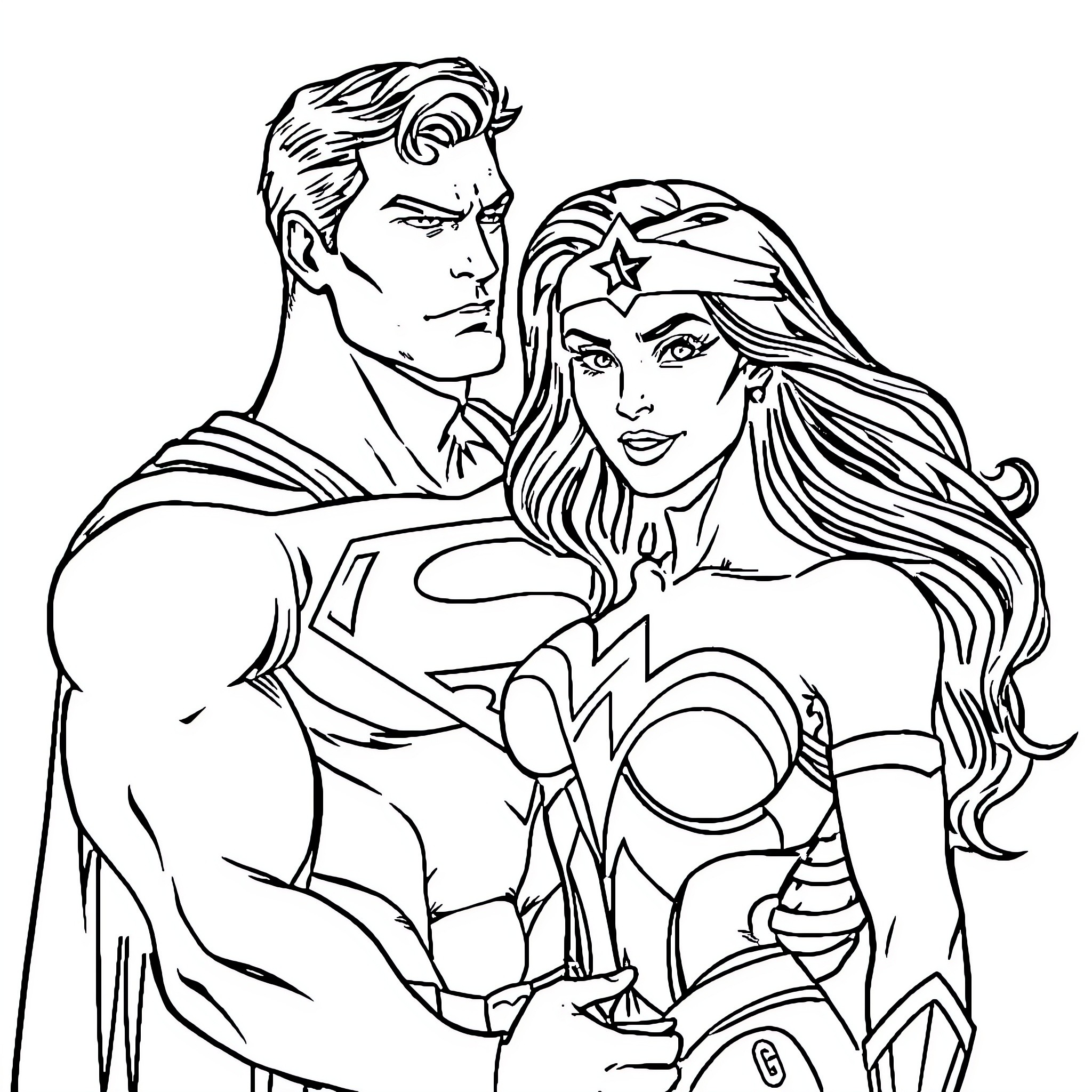 Superman and Wonder Woman in heroic embrace Coloring Page (free black-and-white line drawing printable PDF for all, from beginners to advanced learners, including children, teens, adults, and seniors)
